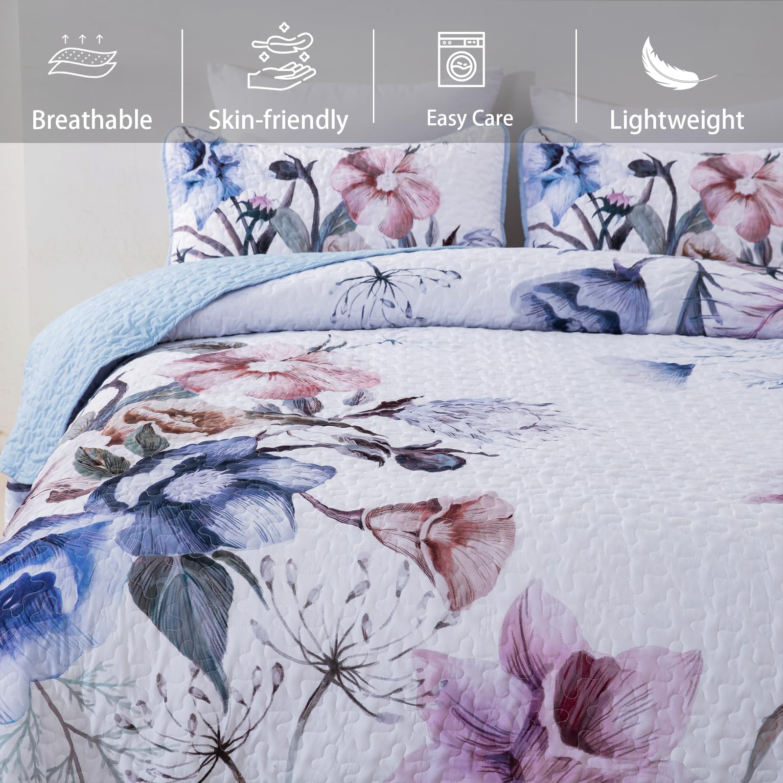 Floral Quilt Set Queen 3 Pieces Light Blue Floral Quilt Coverlet Set Soft Microfiber Lightweight Light Blue Quilted Bedspread Fo