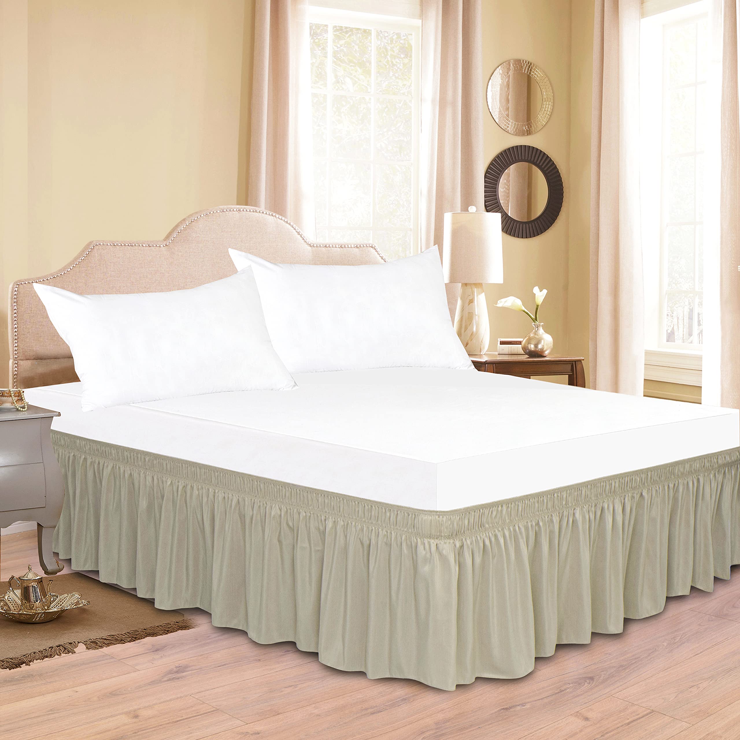 Biscaynebay Wrap Around Bed Skirts For King & Cal King Beds 16' Drop, Camel Grey Adjustable Elastic Dust Ruffles Easy Fit Wrinkle Resistant Silky Luxurious Fabric Machine Washable