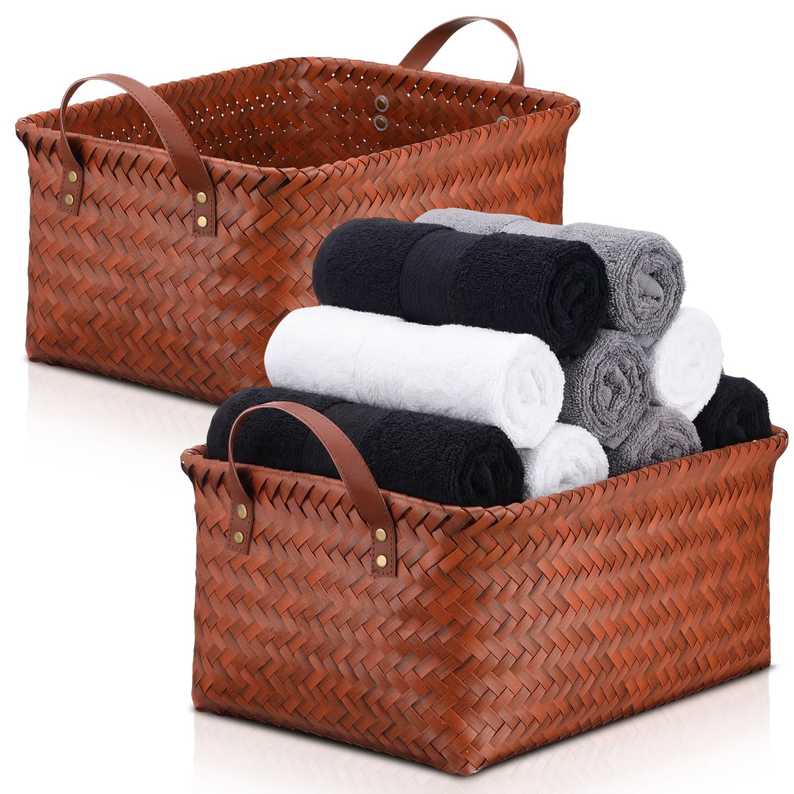 Acellegic 2 Pack Handwoven Clothes Basket Large Laundry Hampers Wicker Storage Basket with Handle for Shelves Rectangular Closet