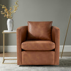 Comfort Pointe Sheldon Swivel Barrel Chair, Saddle Brown Faux Leather, Modern Accent Furniture, Home Decor, Comfortable Seating