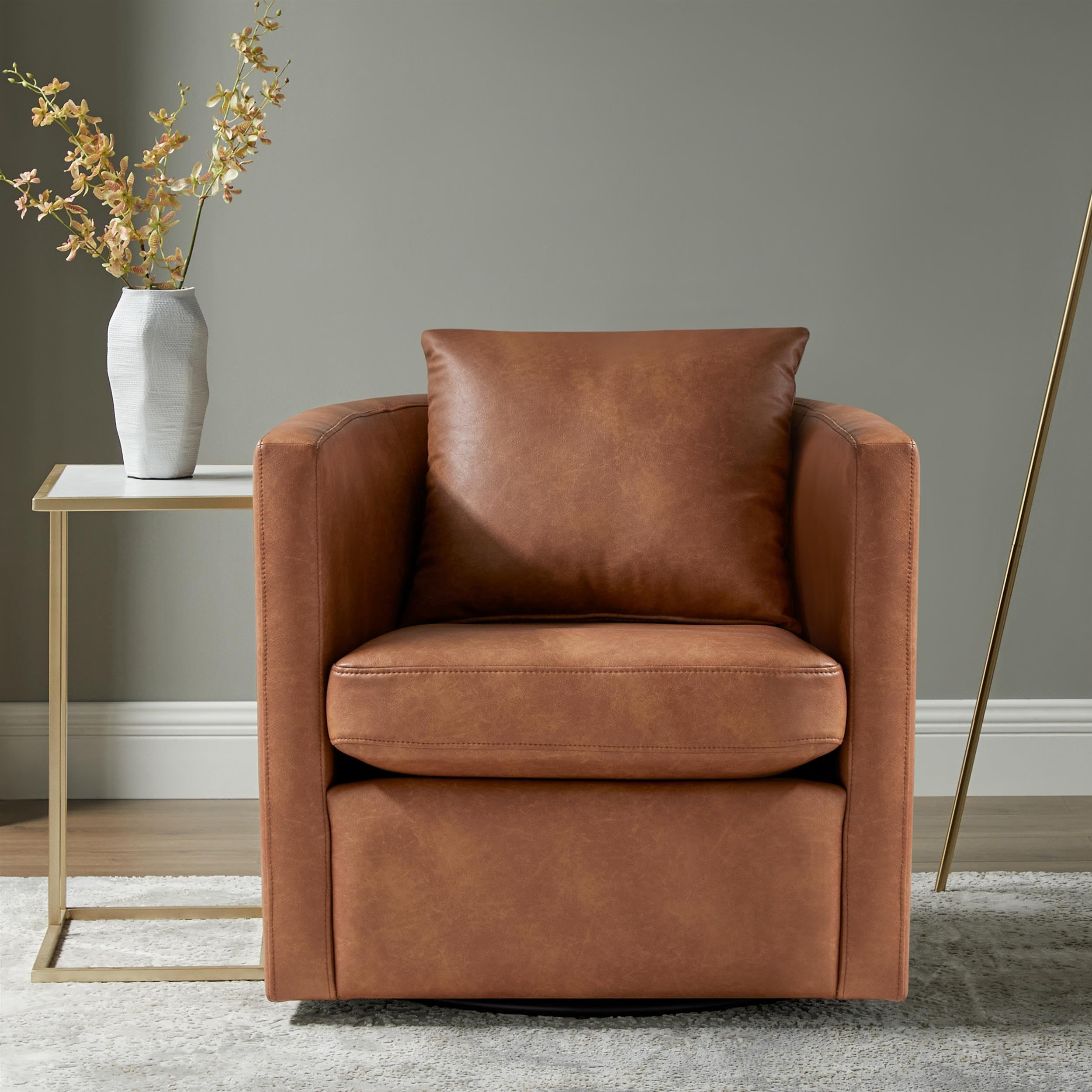 Comfort Pointe Sheldon Swivel Barrel Chair, Saddle Brown Faux Leather, Modern Accent Furniture, Home Decor, Comfortable Seating