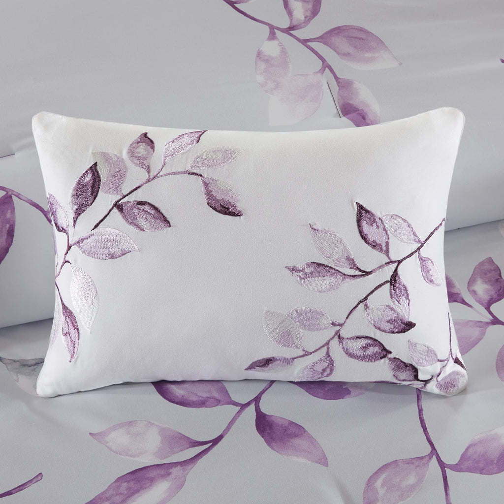 Madison Park Essentials Cozy Bed In A Bag Comforter With Complete Cotton Sheet Set - Trendy Floral Design All Season Cover, Decorative Pillow, King(104'X92'), Leaf Purple 9 Piece