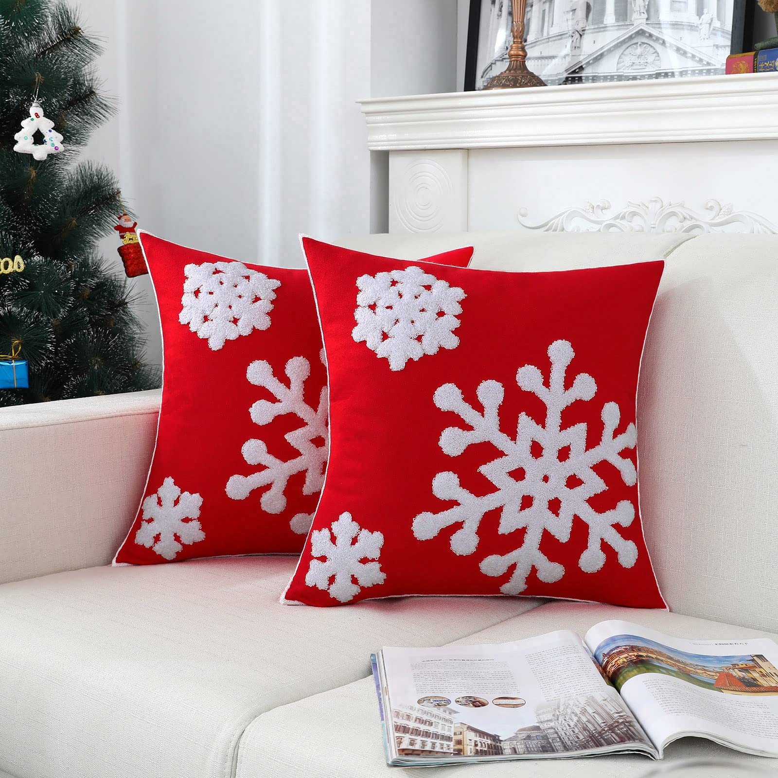 Mixeoo Santa Red Winter Decorative Throw Pillow Covers Snowflake Embroidered Soft Thick Durable Square Solid Accent Cushion Case