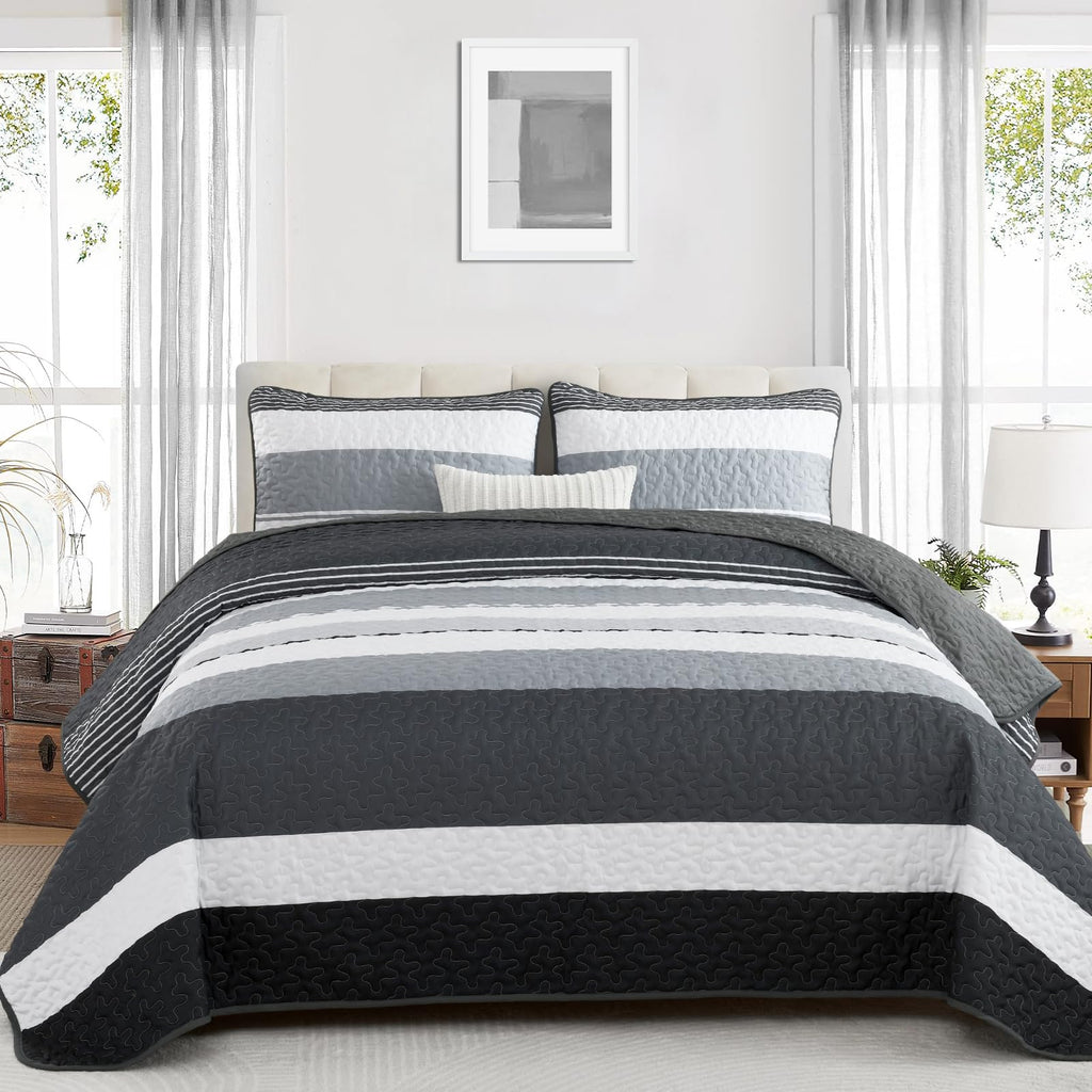 Dinjoy Black and White Boho Quilt Set Queen,Grey Striped Bedspread Queen Size Lightweight Fall Quilts 3 Pieces Patchwork Bedding