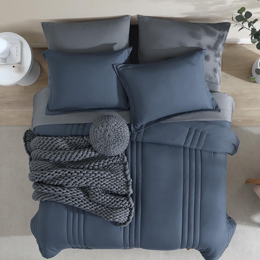 Monbix Queen Comforter Set - 7 Pieces, Blue Gray, All Seasons Down Alternative, Model Solid Comforter-001, Includes Sheets & Pillowcases