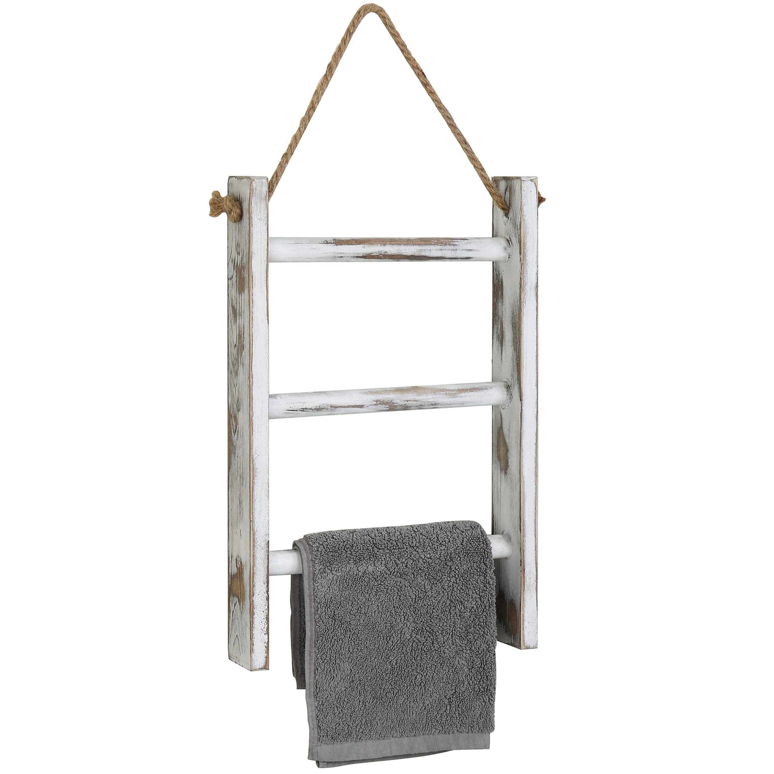 MyGift Rustic Whitewashed Solid Wood Wall Hanging Hand Towel Ladder Drying Rack, 3 Tier Bathroom Washcloth Hand Towel Storage Ra