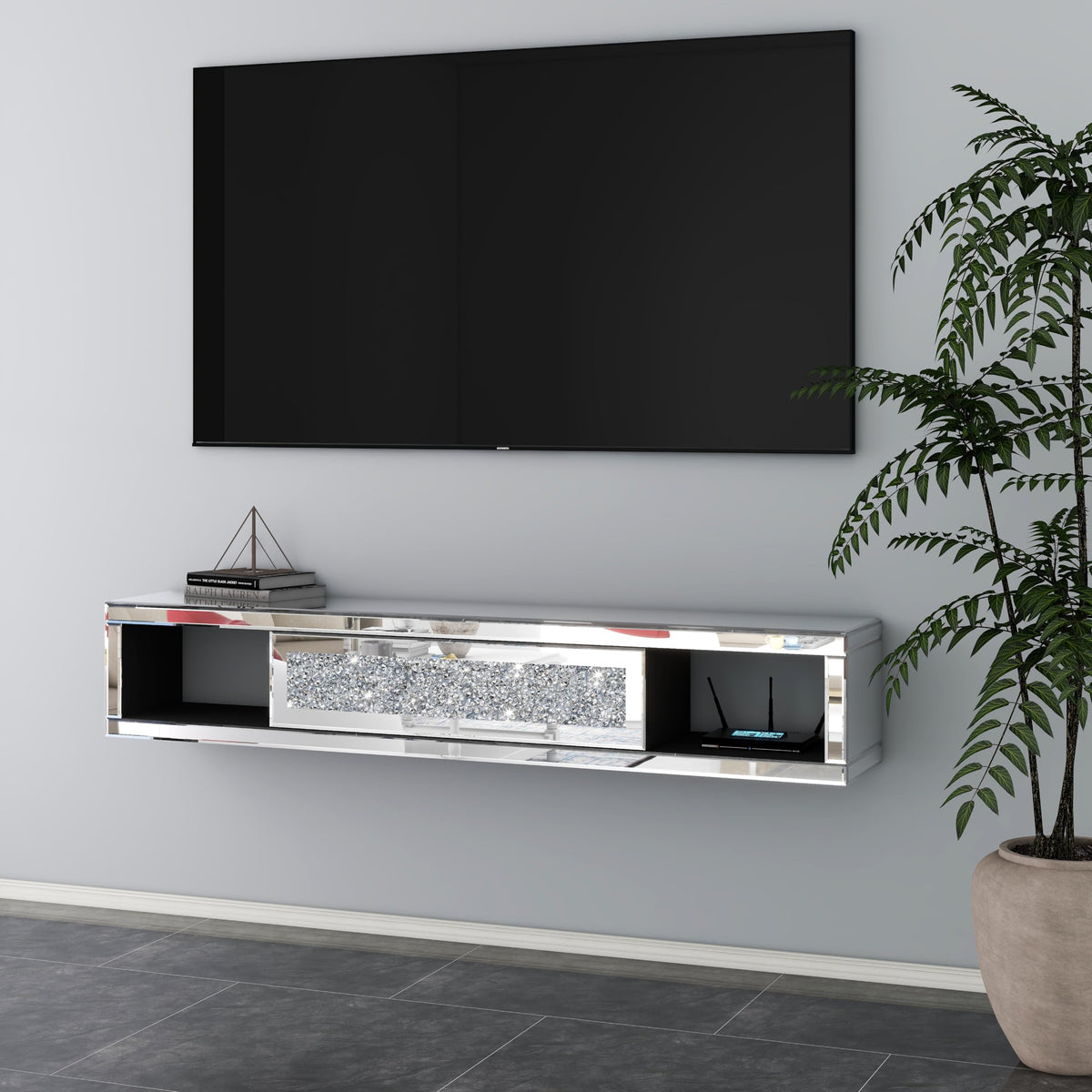 blingworld Mirrored Floating TV Stand, 47 1/2 Wall Mounted Floating TV Shelf with Crushed Diamonds, Glass Floating Entertainment Center Under TV Shelf Mantel for Living Room, Bedroom (Silver)