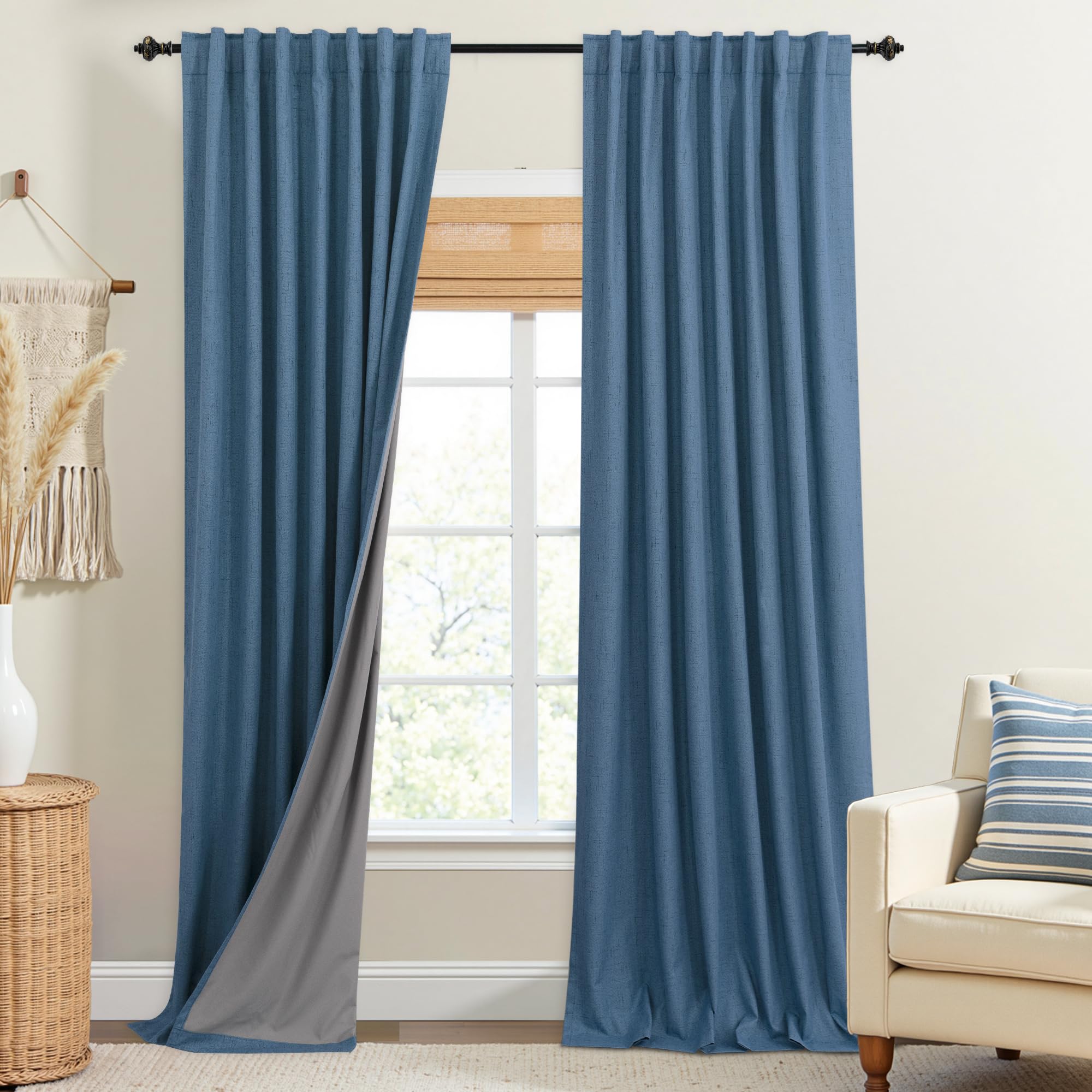 Koufall Denim Blue Back Tab Linen Blackout Curtains For Living Room 52 By 96 Inch Length