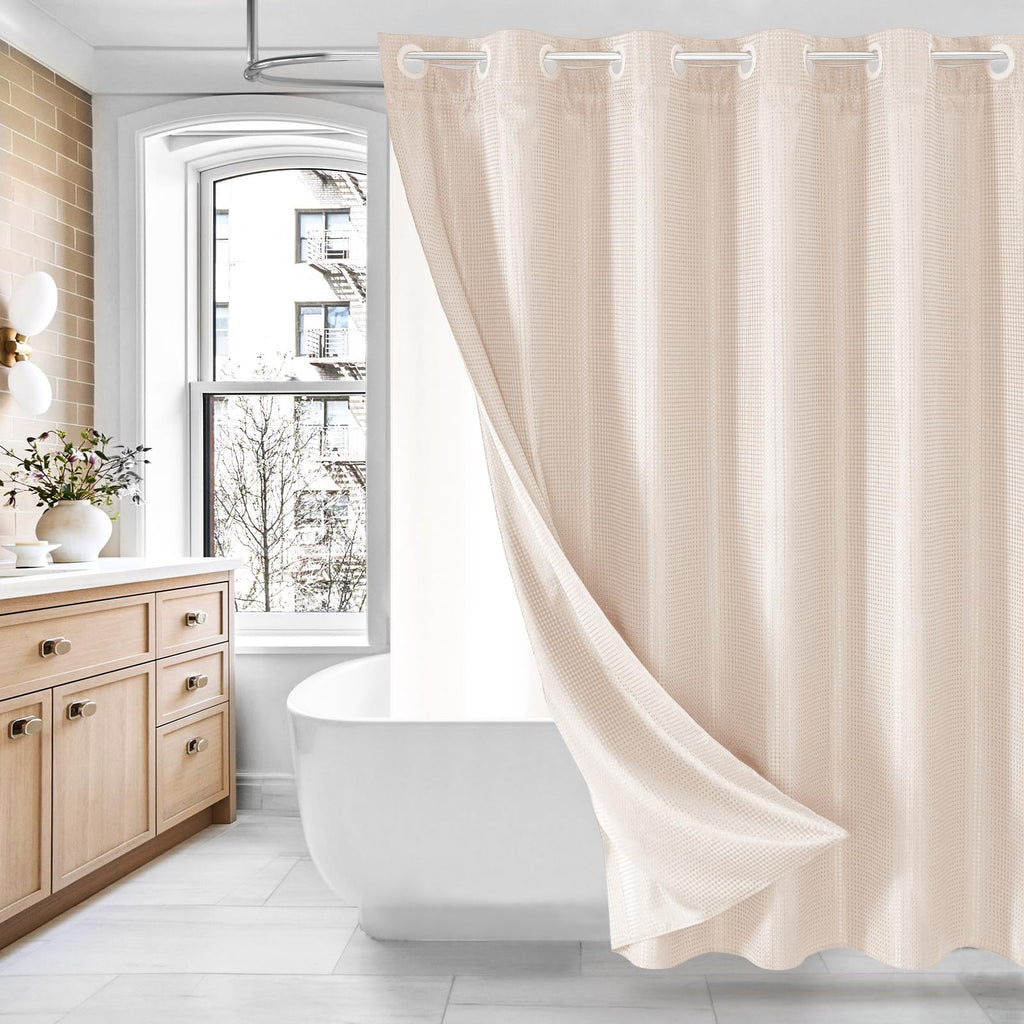 MitoVilla No Hooks Needed Pink Waffle Shower Curtain with Snap-in Liner, Modern Waffle Weave Heavy Duty Fabric Cloth Shower Curt