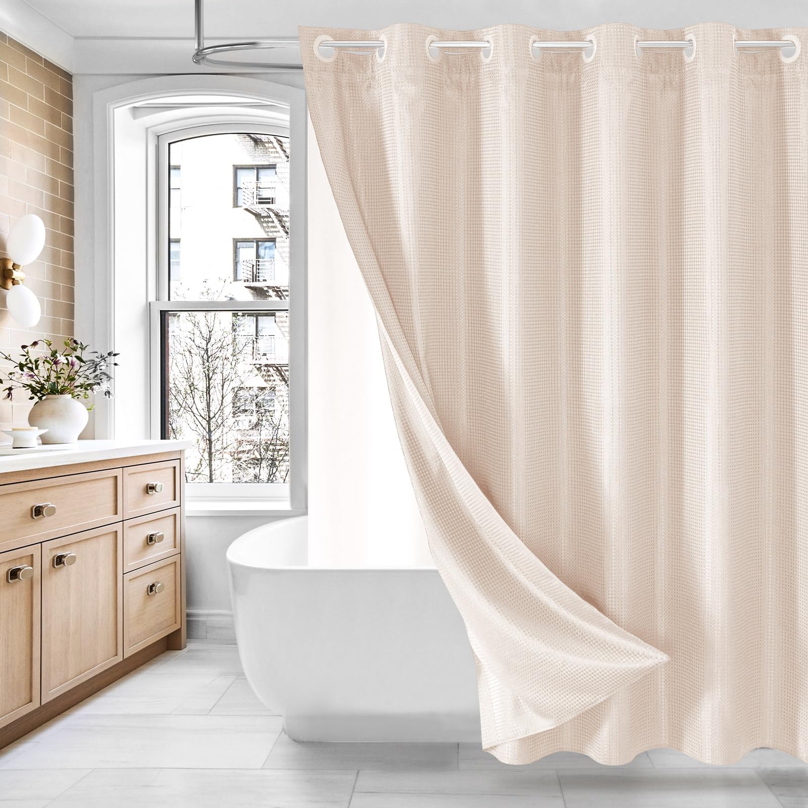 MitoVilla No Hooks Needed Pink Waffle Shower Curtain with Snap-in Liner, Modern Waffle Weave Heavy Duty Fabric Cloth Shower Curt