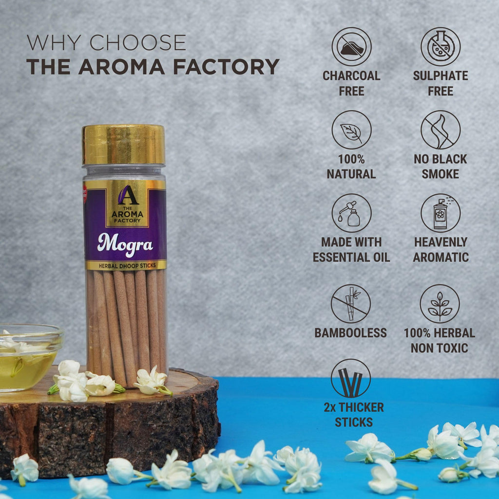 The Aroma Factory Mogra Dhoop Batti Sticks, Long Lasting Fragrance For Home Meditation, Natural & Herbal Dhoop For Pooja With Dh