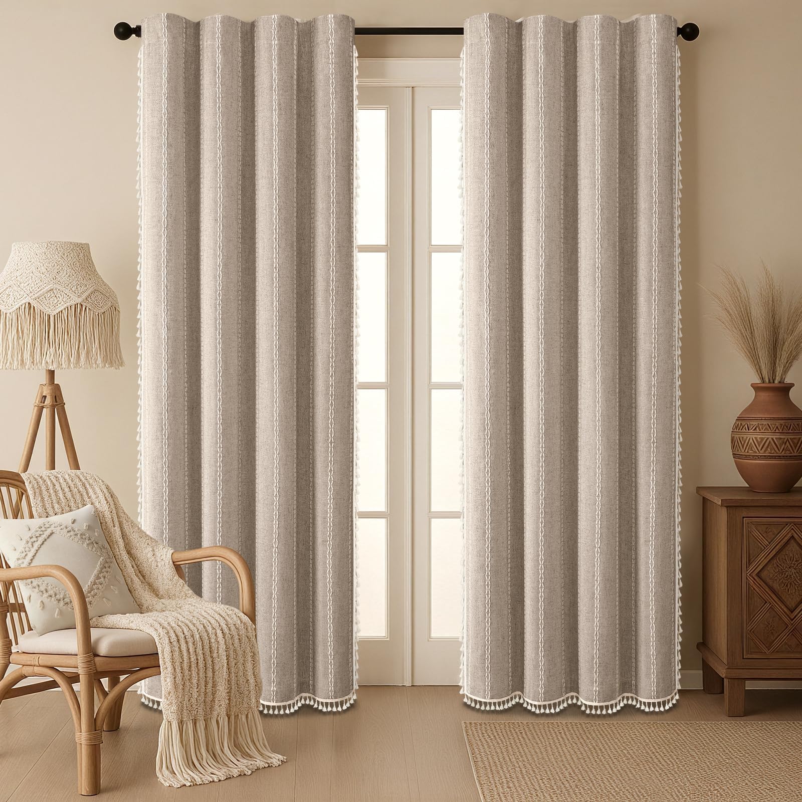 XOGUIBO Boho Blackout Curtains 90 Inches Long Brown Linen Blend 2 Panels with Tassels and Cotton Embroidery, Farmhouse Vintage R