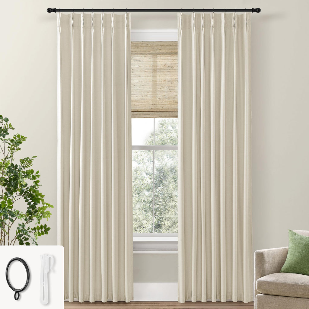 Shineland Beige Blackout Curtains 96 Inches Long For Farmhouse Living Room,Light Blocking Linen Pinch Pleated Shabby Chic Curtains For Bedroom Farm House 2 Panels Set