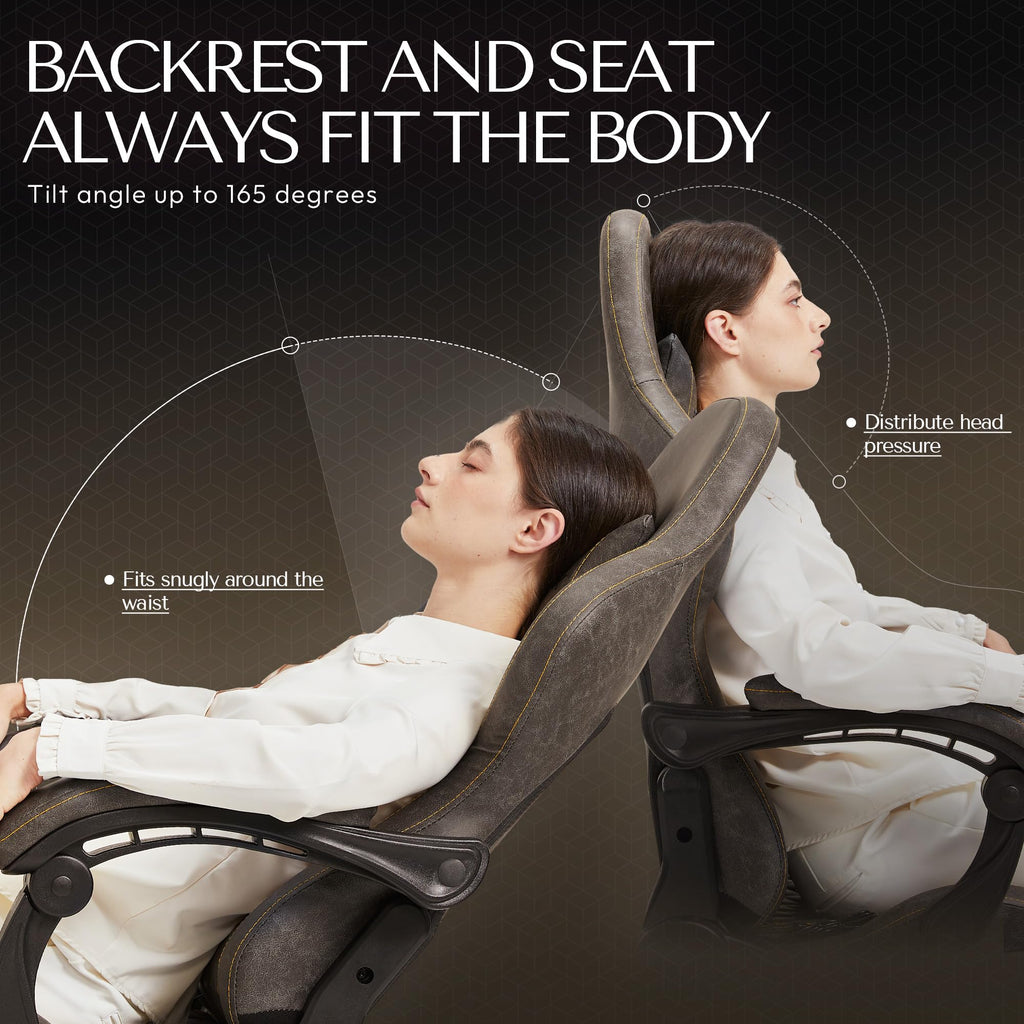 Dowinx Gaming Chair Office Desk Chair With Massage Lumbar Support, Vintage Style Task Chair Pu Leather High Back Gamer Chair With Retractable Footrest (Brown)