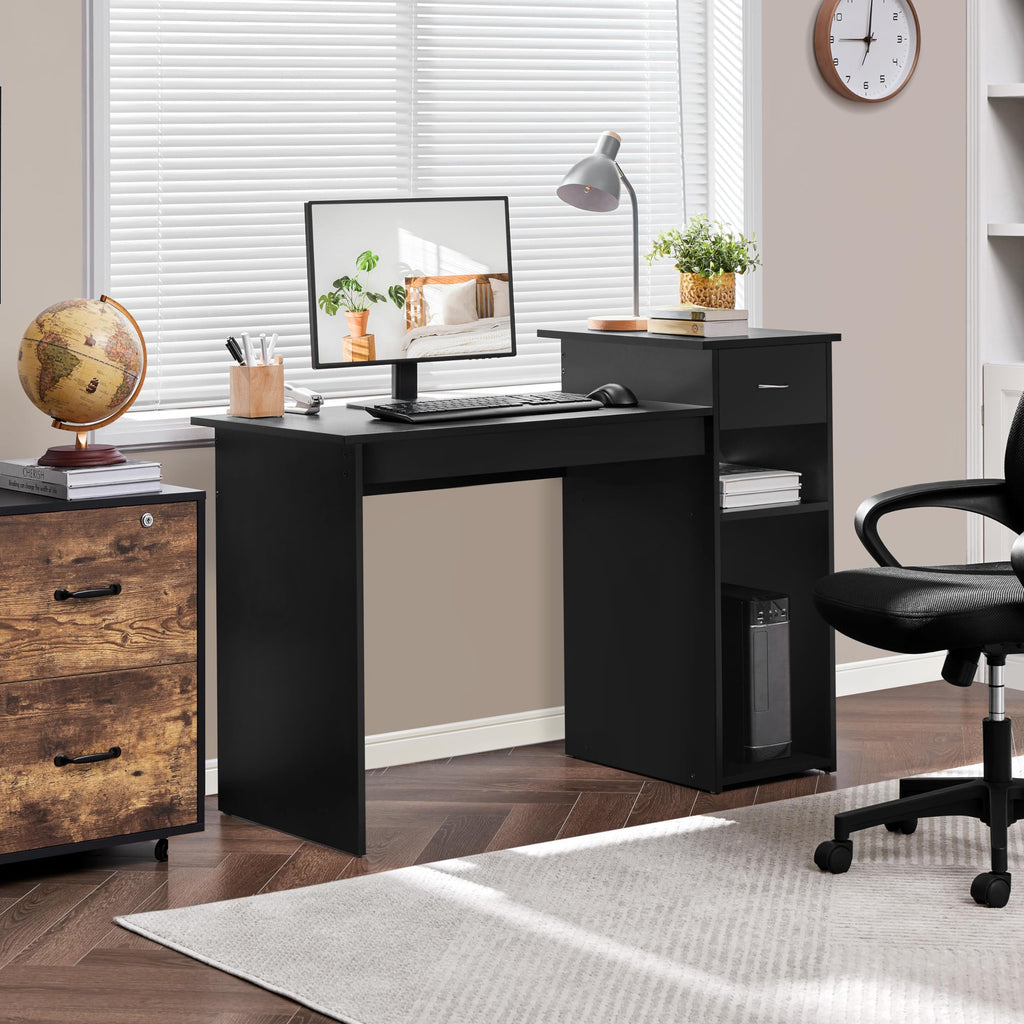 Yaheetech Home Office Computer Desk With Storage Drawer And Monitor Stand, Wooden Pc Laptop Desk, Modern Simple Style Computer Workstation Study Writing Desk, Black