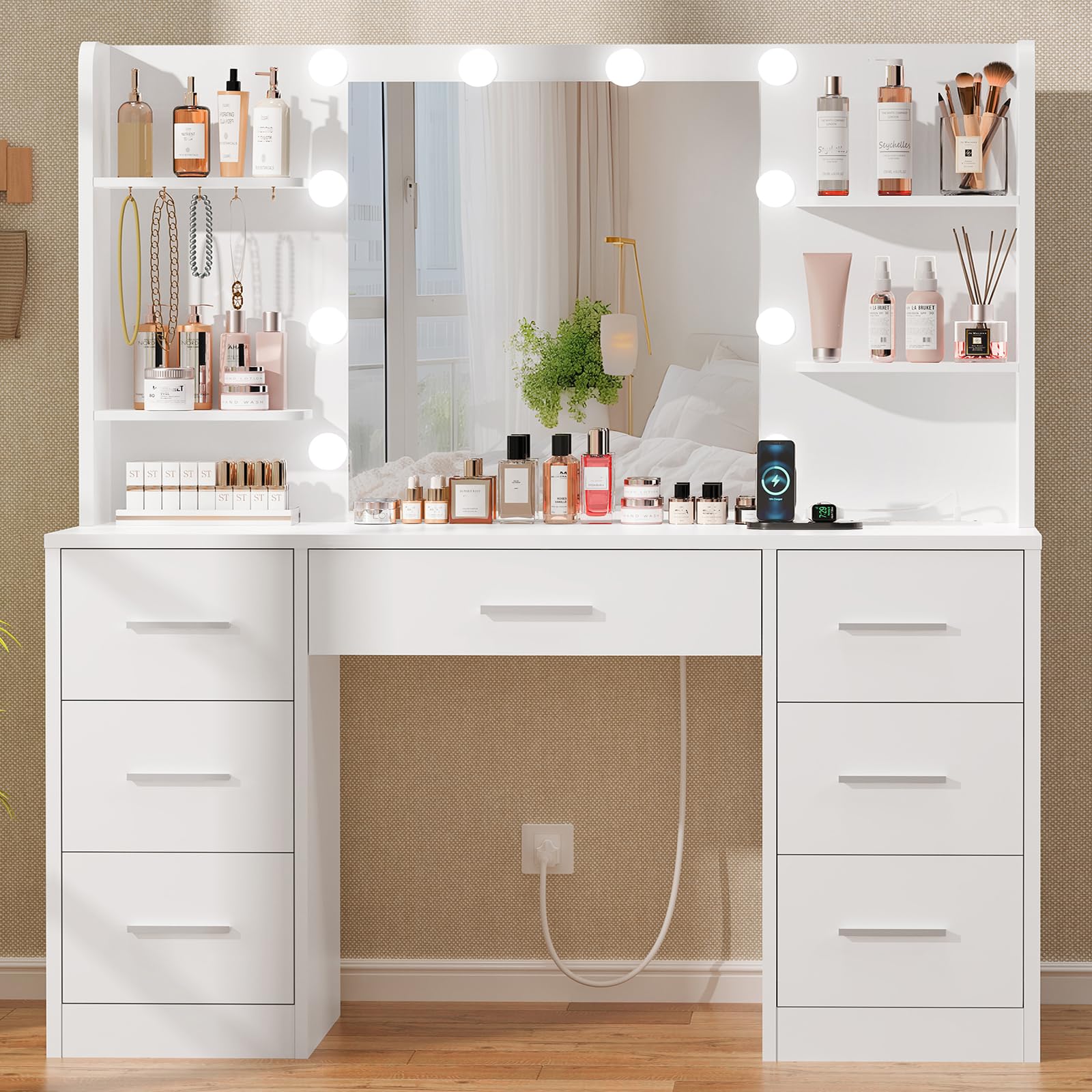 Quimoo Large Vanity Desk with LED Lighted Mirror & Power Outlet,Makeup Vanity Table with 7 Drawers,4 Shelves and 5 Hooks,Vanity 