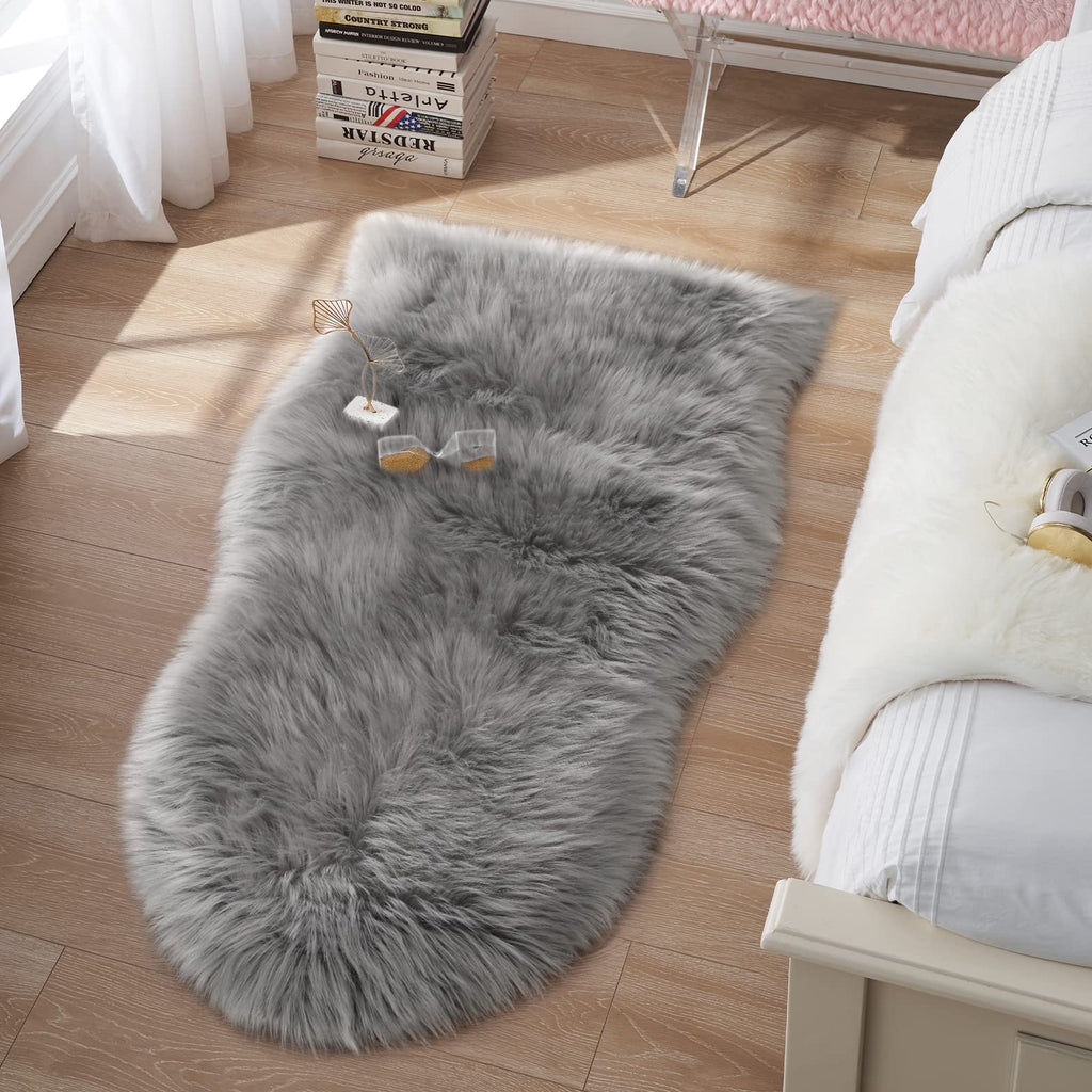 Small Faux Fur Rug, 2X4 Ft Ultra Soft Sheepskin Rug Chair Sofa Cover Seat Pad, Grey Fluffy Shag Rug For Bedroom Nursery Kids Roo