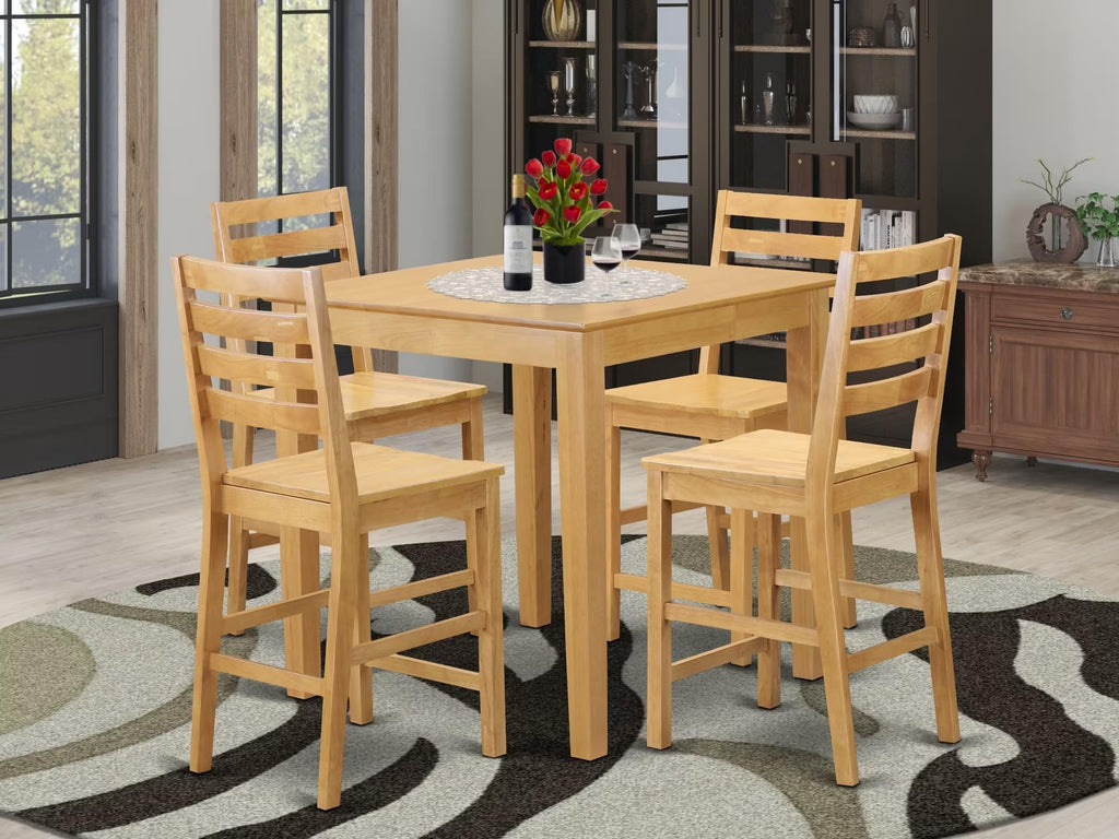 East West Furniture PBCF5-OAK-W 5 Piece Counter Height Pub Set Includes a Square Dining Table and 4 Kitchen Dining Chairs, 36x36 Inch, Oak