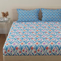 Huesland By Ahmedabad Cotton 144 Tc King Size Bed Sheet Cotton With 2 Pillow Covers | Botanical Chevron | 108 By 108 Inch | Blue