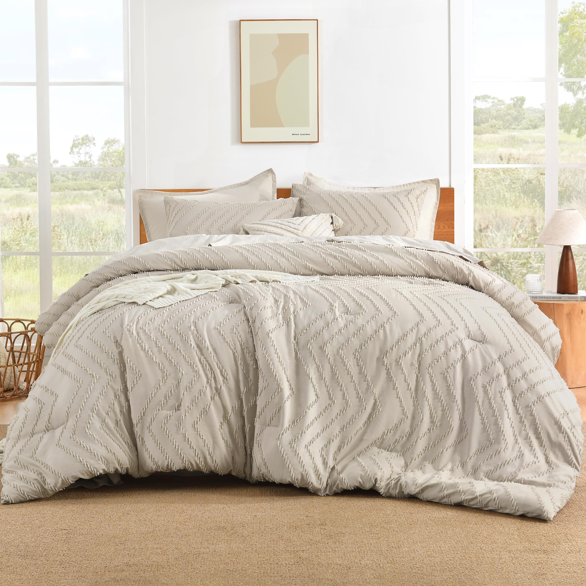 Litanika Tannish Grey California King Comforter Set, 3 Pieces Cal King Oversized Chevron Tufted Boho Bedding Comforter Sets, Flu