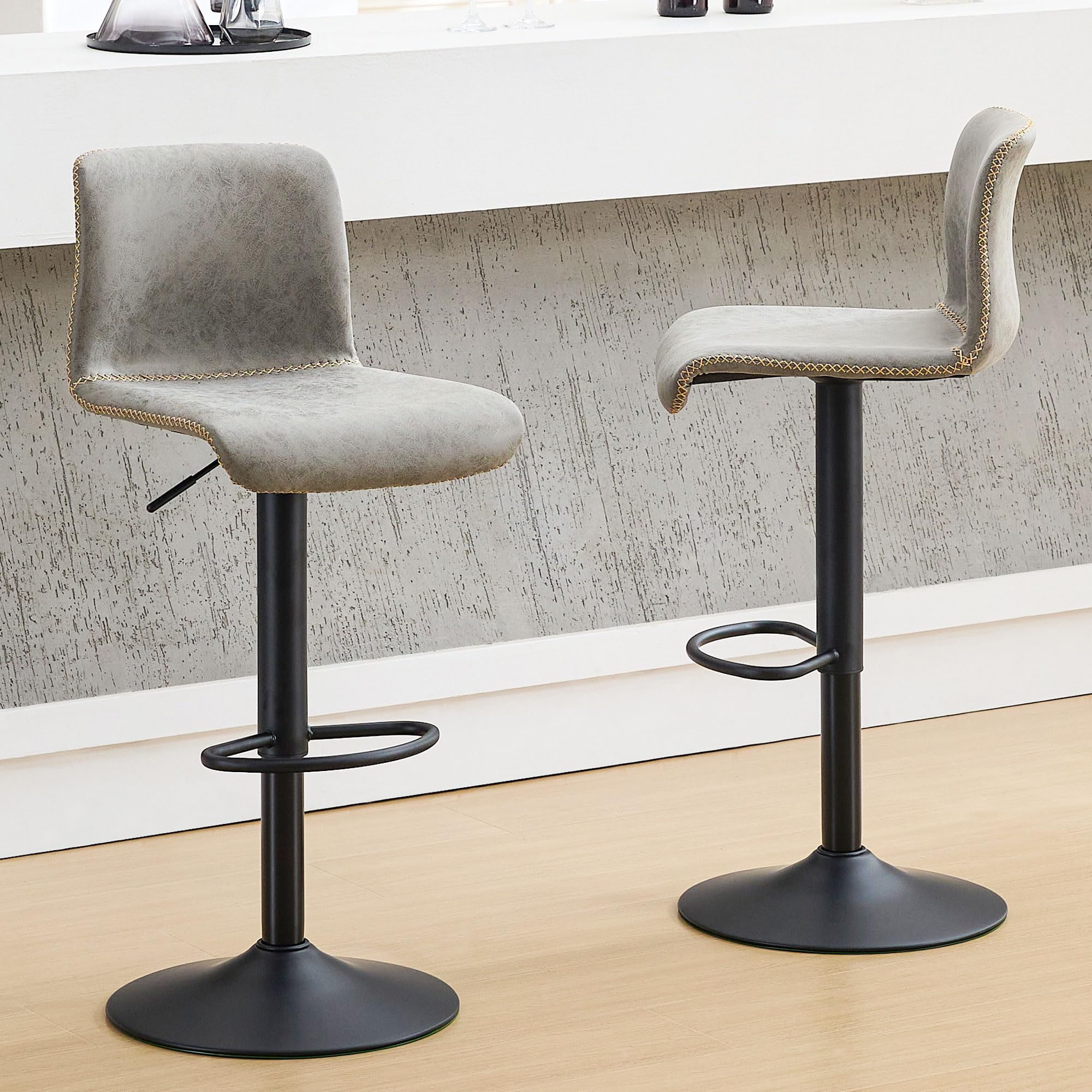 HeuGah Swivel Bar Stools Set of 2, Adjustable Counter Height Barstools with Back, Gray Faux Leather Bar Chairs for Kitchen Islan