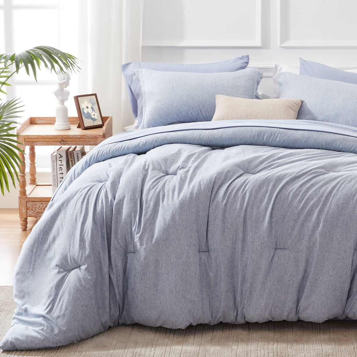Unilibra King Size Comforter Set 7 Pieces Bed In A Bag - Blue King Soft Bedding Set For All Seasons - Cationic Dyeing Bed Comforter Sets With Comforter, Flat Sheet, Fitted Sheet, Pillowcases & Shams