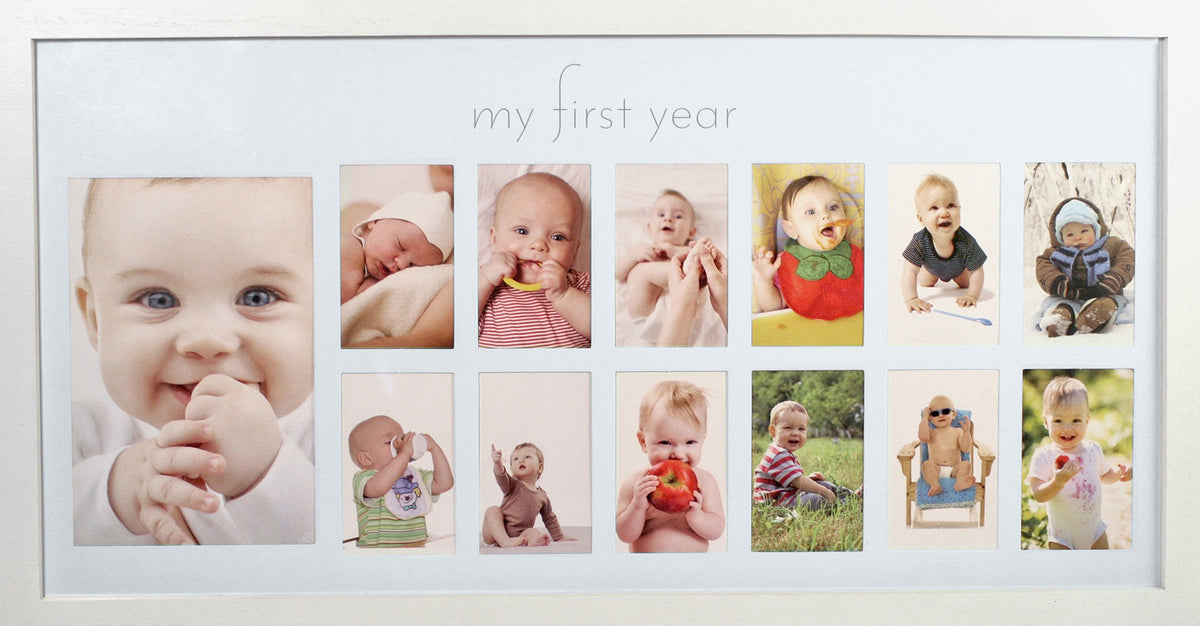 Babys First Year Frame in Elegant White Natural Wood - My First Year Baby Picture Frame for Photo Memories (White)