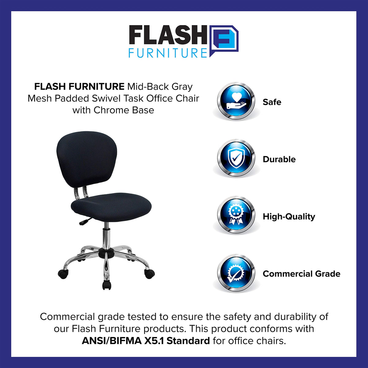 Flash Furniture Beverly Mid-Back Gray Mesh Padded Swivel Task Office Chair with Chrome Base