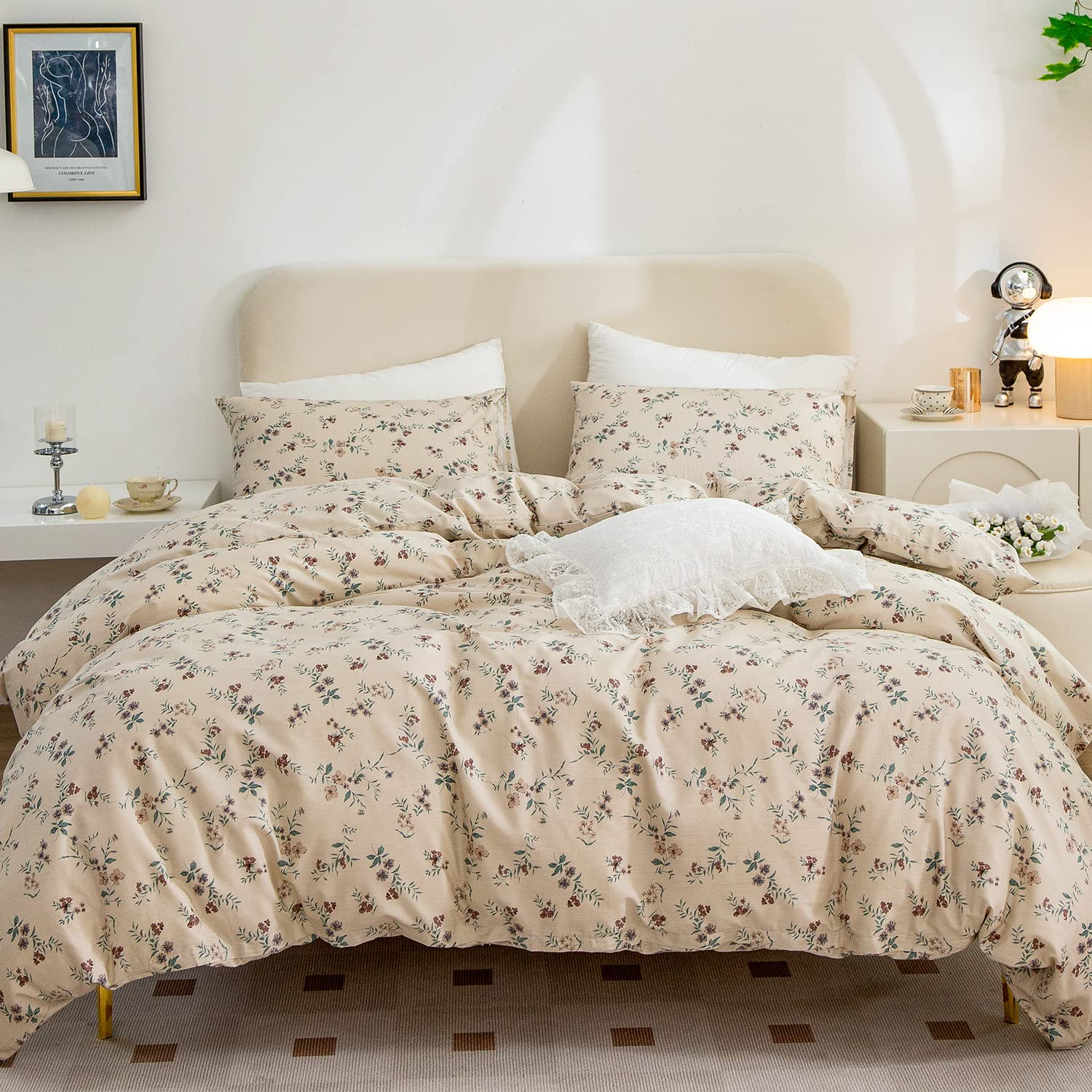 Queen Duvet Cover Set Floral, 100% Cotton Chic Flower Bedding Sets Queen 3 Pieces Garden Vintage Style Duvet Cover Queen Floral,