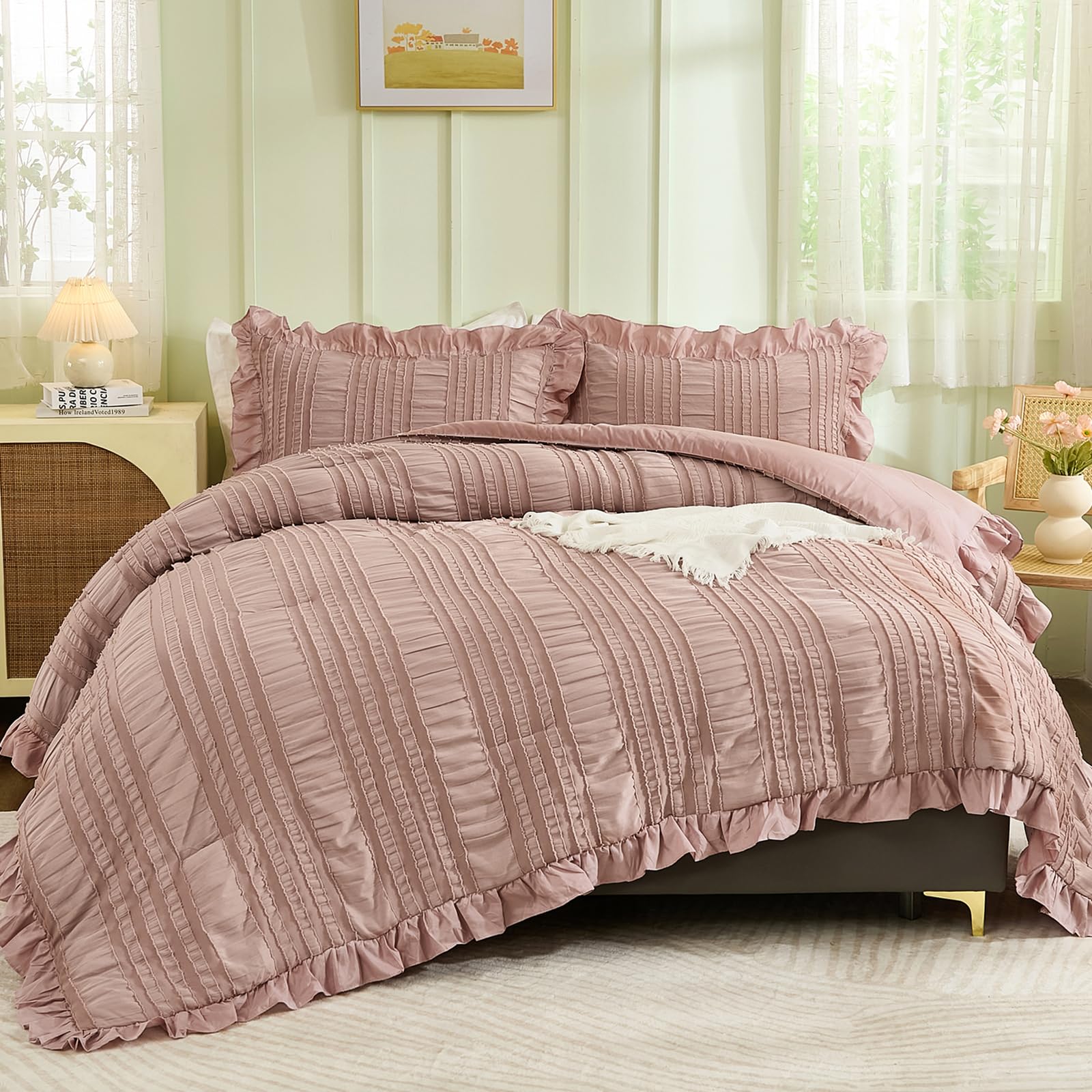 Wongs Bedding Pink Comforter Set Queen,3 Pieces Ruffle Farmhouse Shabby Chic Boho Comforter For Queen Bed,Soft Seersucker Textur