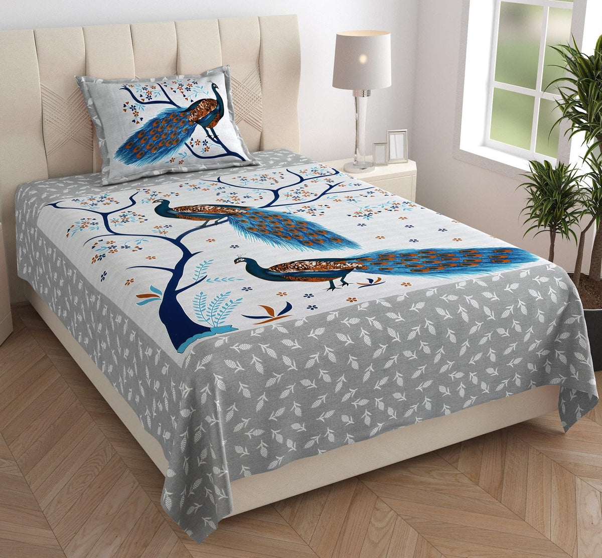 KOUNDAL Rajasthani Jaipuri Traditional Sanganeri Peacock Print 144 TC 100% Pure Cotton Single Size Bedsheet with one Pillow Cove