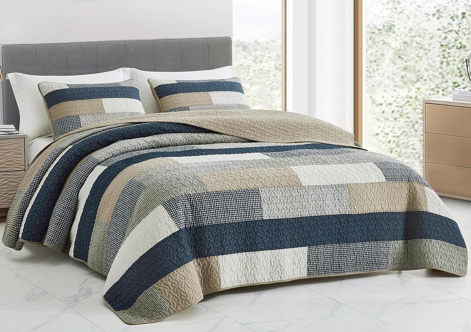 Chezmoi Collection Dylan 3-Piece Navy Blue White Gray Taupe Plaid Rectangular Patchwork Quilt Set - Pre-Washed Cotton Quilted Li