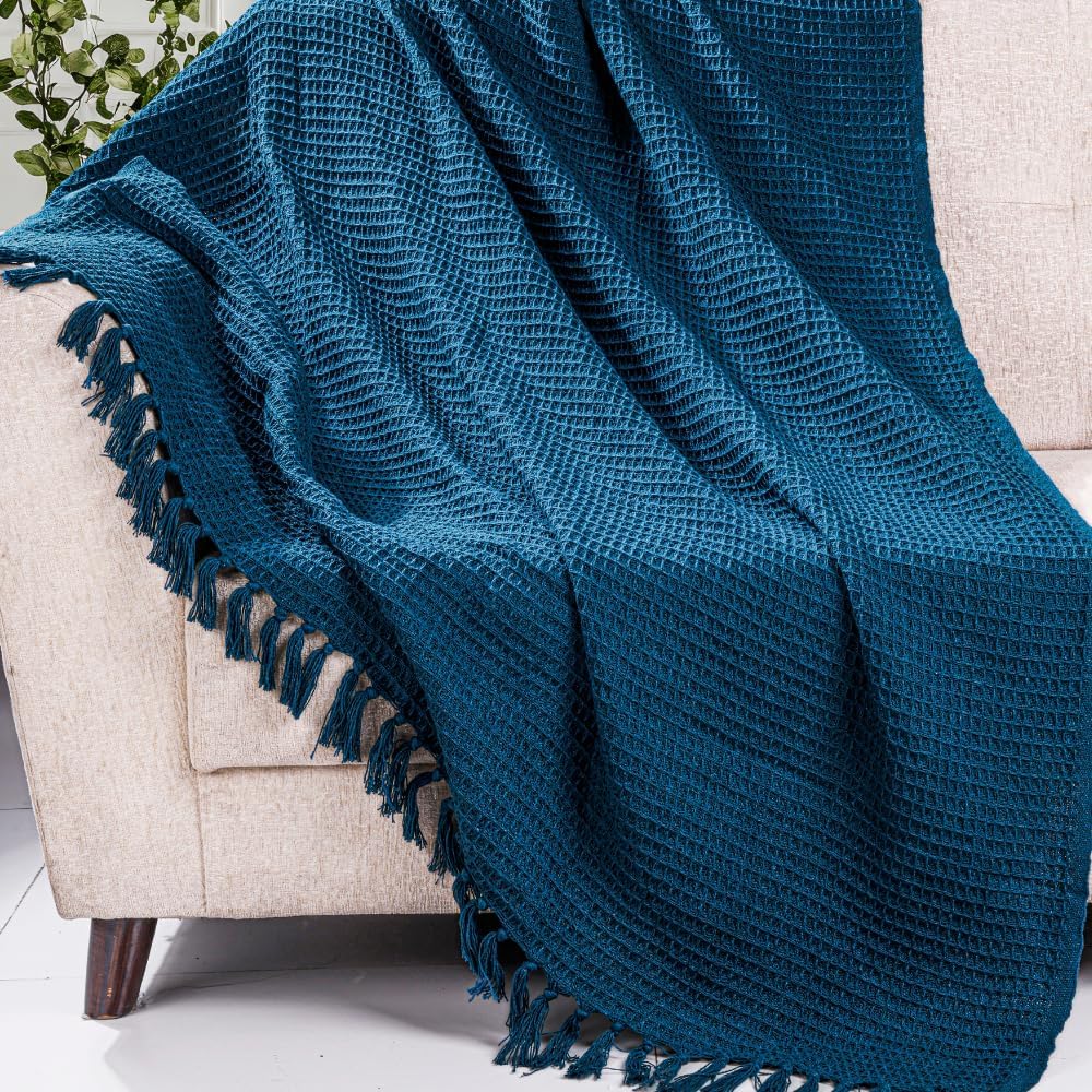 Urban Variety Throw Blanket for Sofa & Bed, 100% Cotton Throw, Waffle Weave Blanket with Tassels, Soft Lightweight Decorative fo