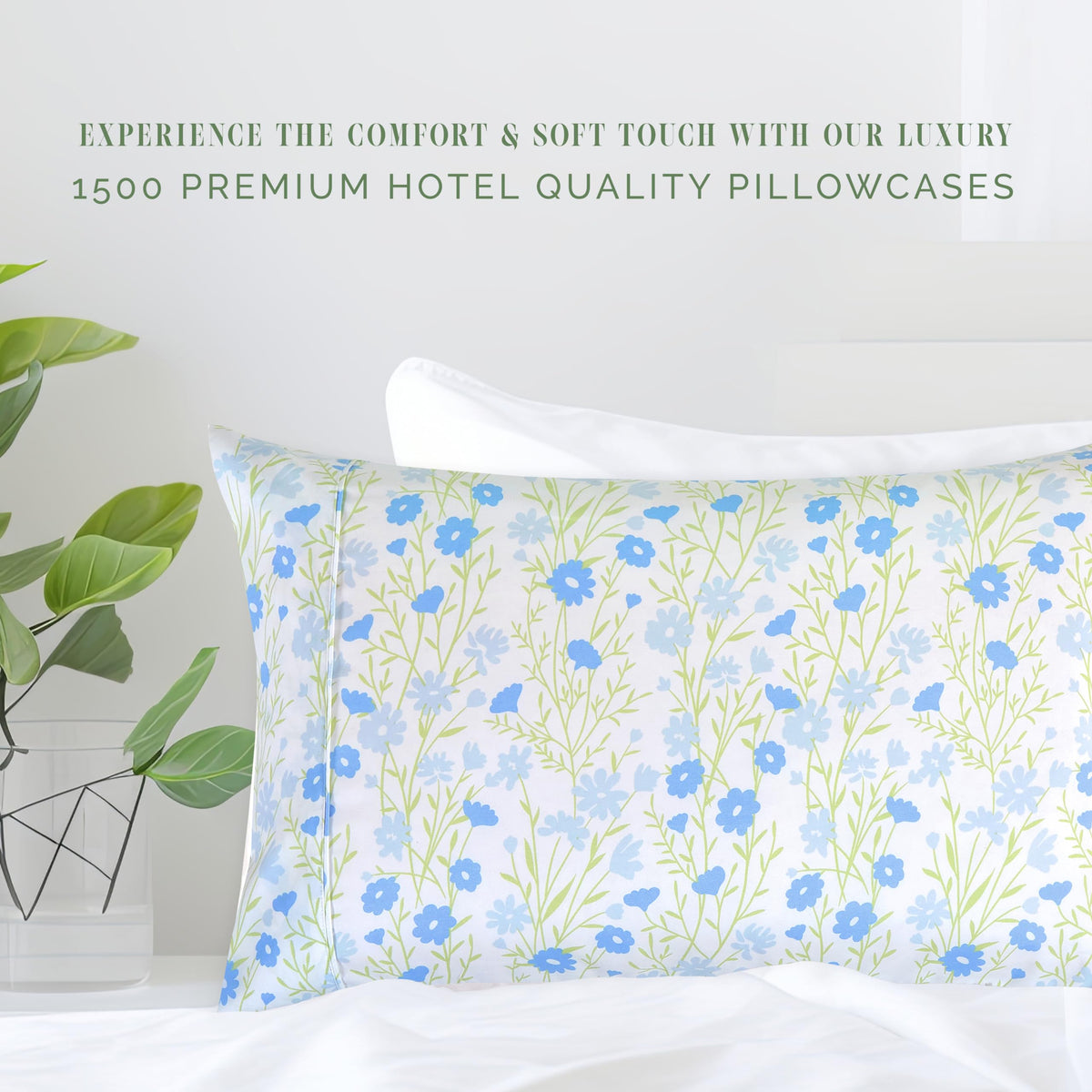 Elegant Comfort Ultra Soft Set Of 2 Floral Print Pillowcases - 1500 Premium Hotel Quality Microfiber, Soft And Smooth Envelope Closure 2-Piece Pillow Covers - King, Blue Laurel