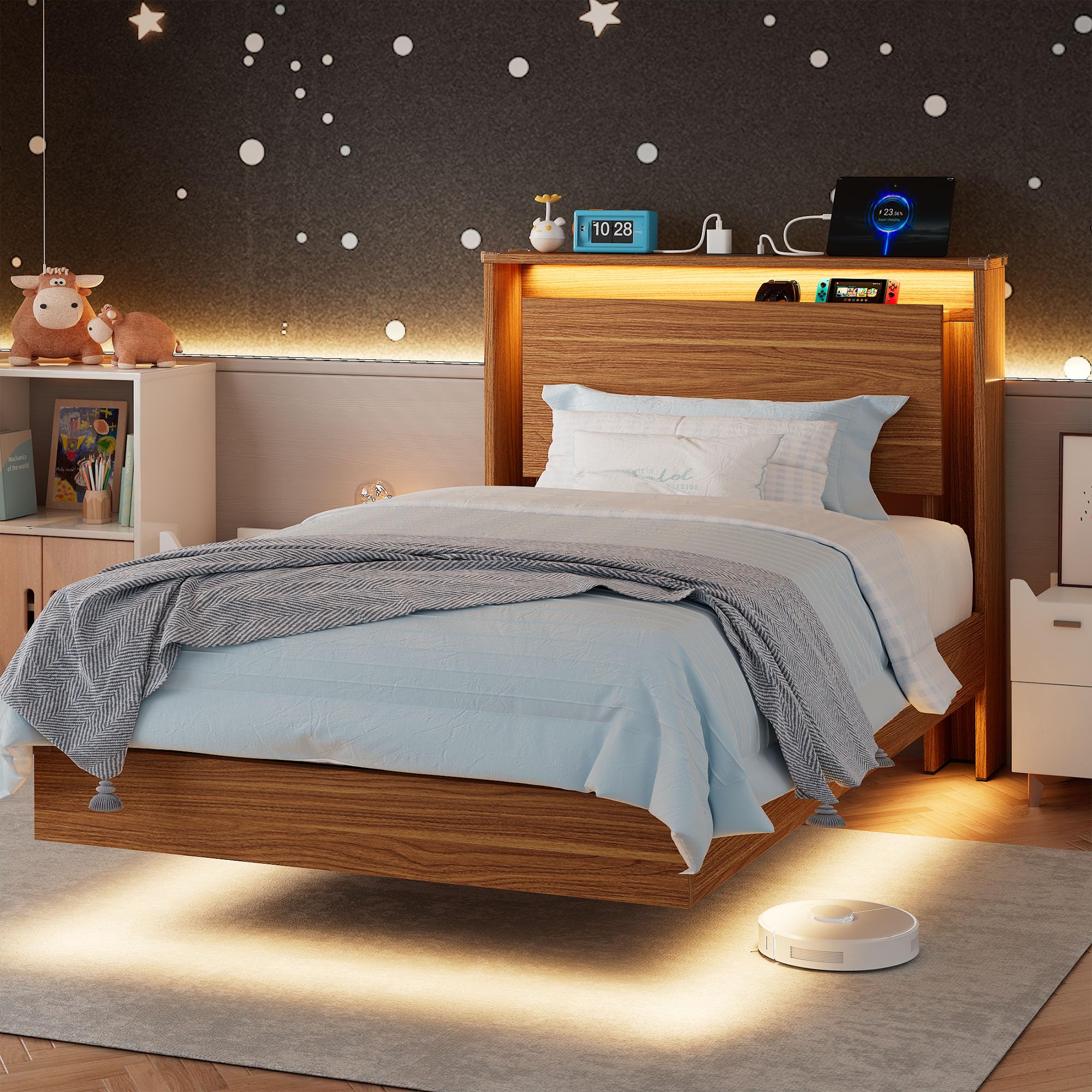 Einhomn Twin Bed Frame with Storage Headboard & LED Lights - Wood Floating Bed Frame with Charging Station, Non-Slip Slat, Kick-
