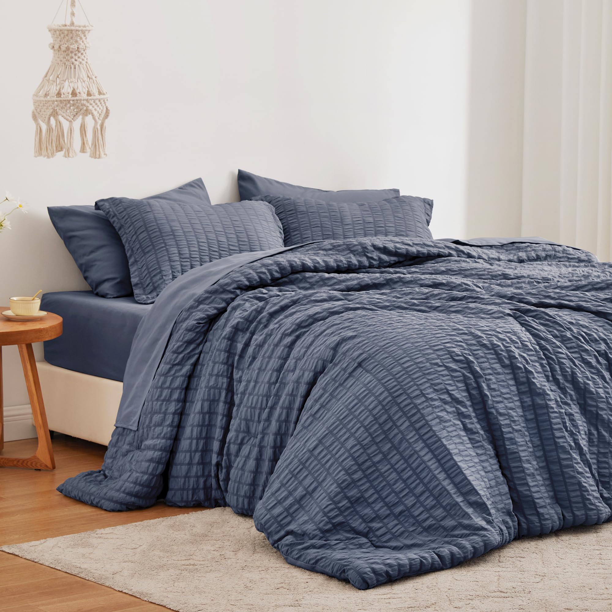 Love'S Cabin Seersucker Navy Blue King Size Comforter Set 7 Pieces, All Season Bedding Set, King Bed In A Bag Comforter Set With Comforter, Flat Sheet, Fitted Sheet, Pillowcase And Pillow Sham