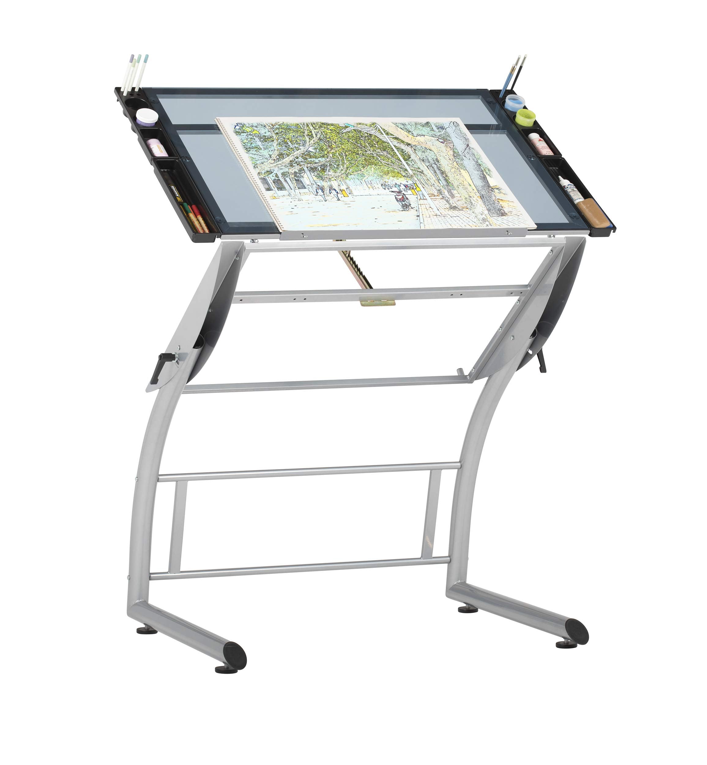SD Studio Designs Triflex Drawing Table, Sit to Stand Up Adjustable Office Home Computer Desk, 35.25 W X 23.5 D, Silver/Blue Gla