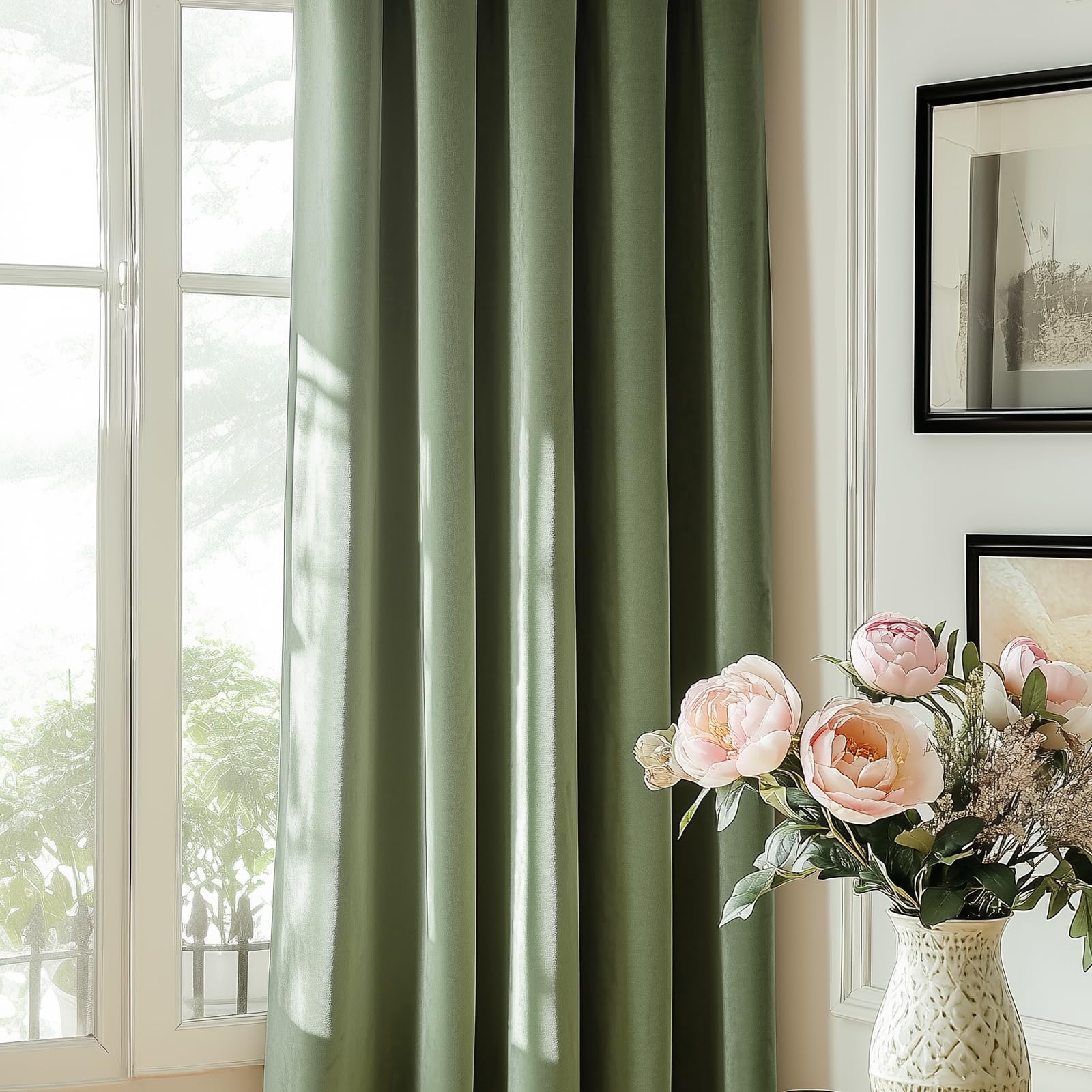 Lazzzy Sage Green Velvet Curtains Thermal Insulated Curtains 120 Inch Long Room Darkening Window Drapes For Bedroom Living Room Luxury Window Treatment 2 Panels, W62 X L120