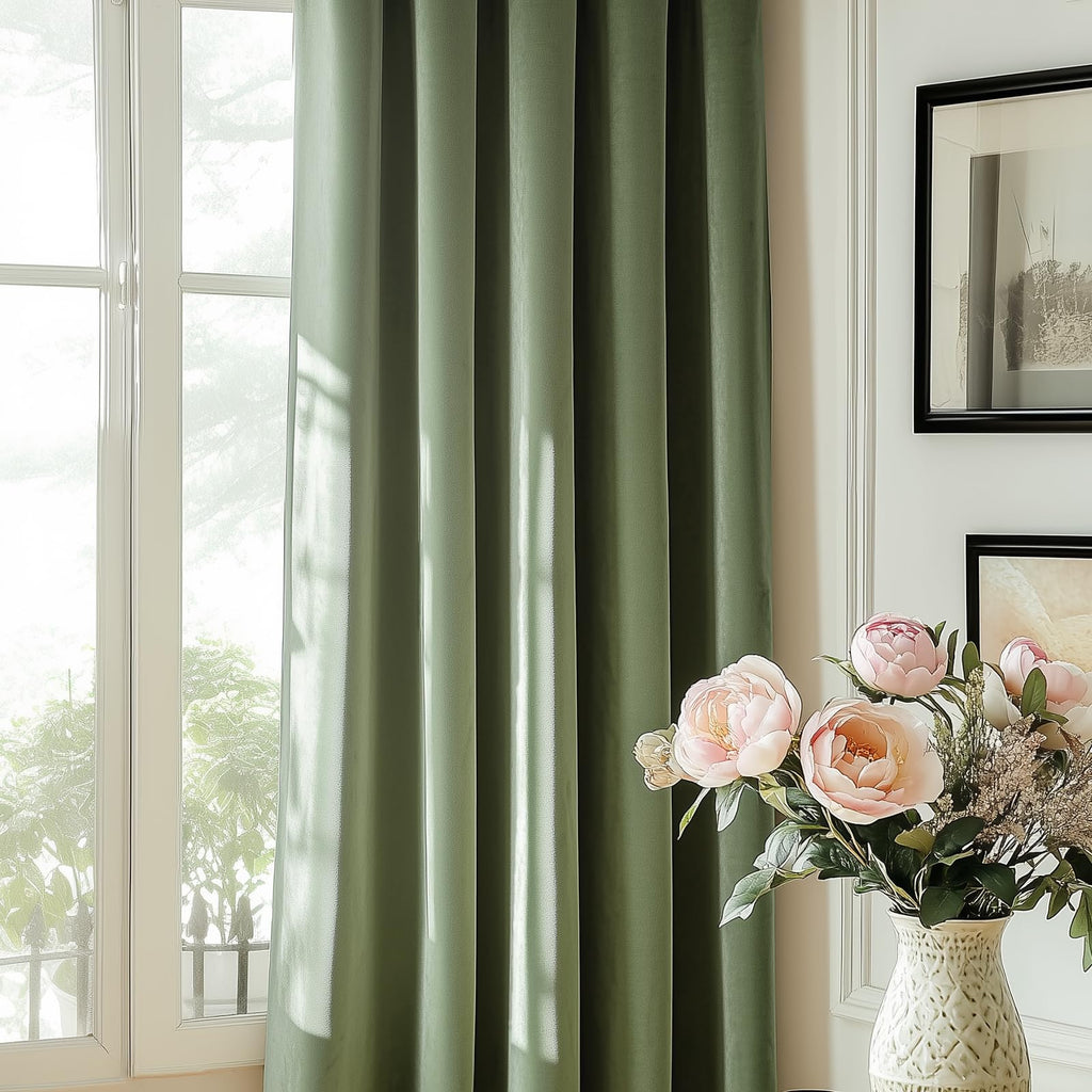 Lazzzy Blackout Velvet Curtains Green Thermal Insulated Curtains 84 Inch Long Drapes For Bedroom Living Room Darkening Window Treatments Grommet Living Room Curtains Set Of 2 Panels Sage Green