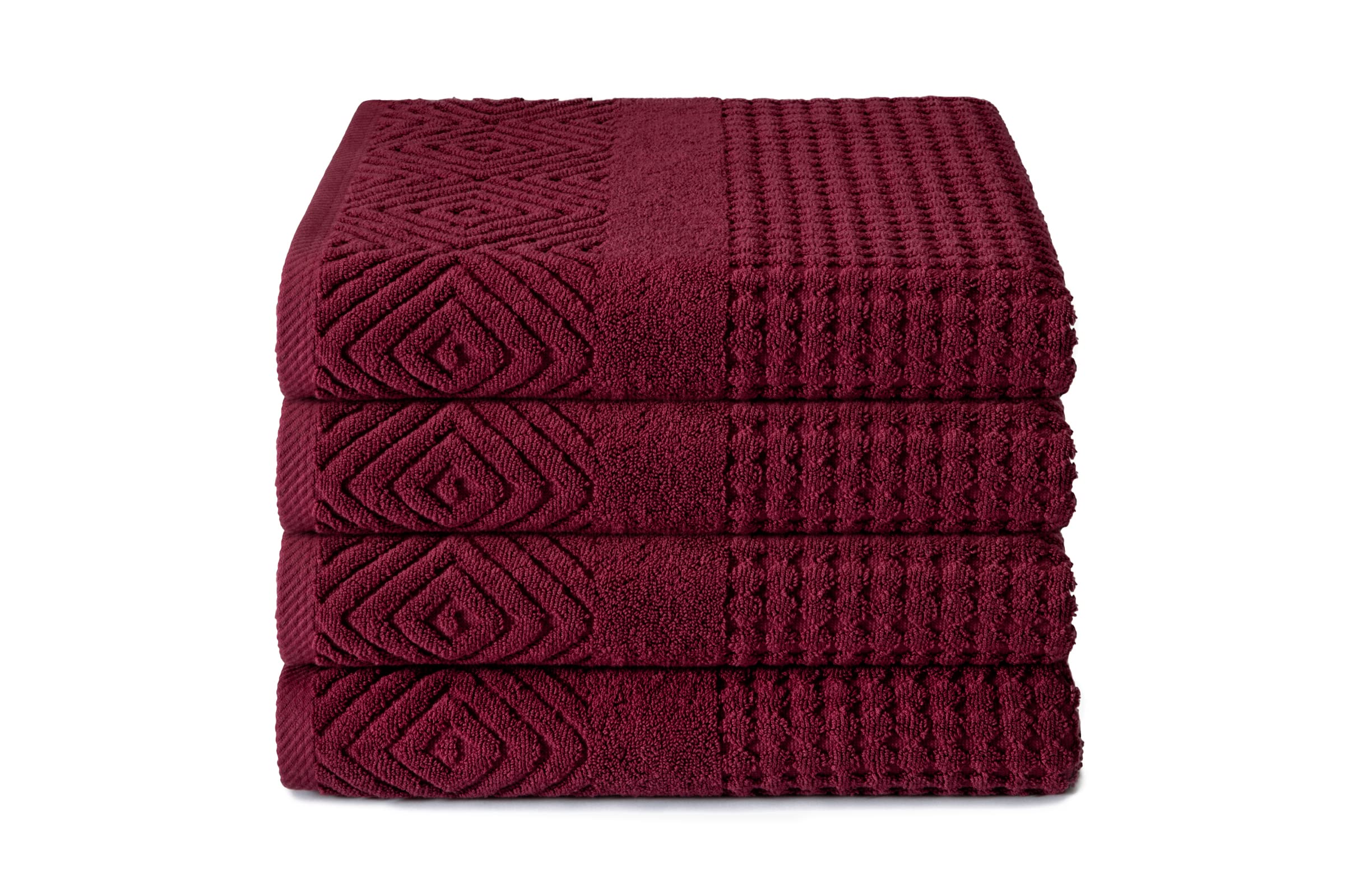 Texere 100% Organic Cotton Jacquard Towel Sets (Diamond, Merlot, 4 Bath Towels)