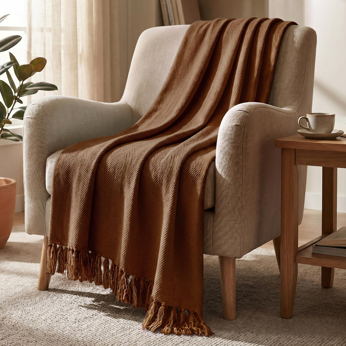 HOKIPO Hazel Brown All Season Cotton Sofa Throw 50x60 Inches, Soft Decorative Living Room Sofa Throw Blanket with Tassels, Blus