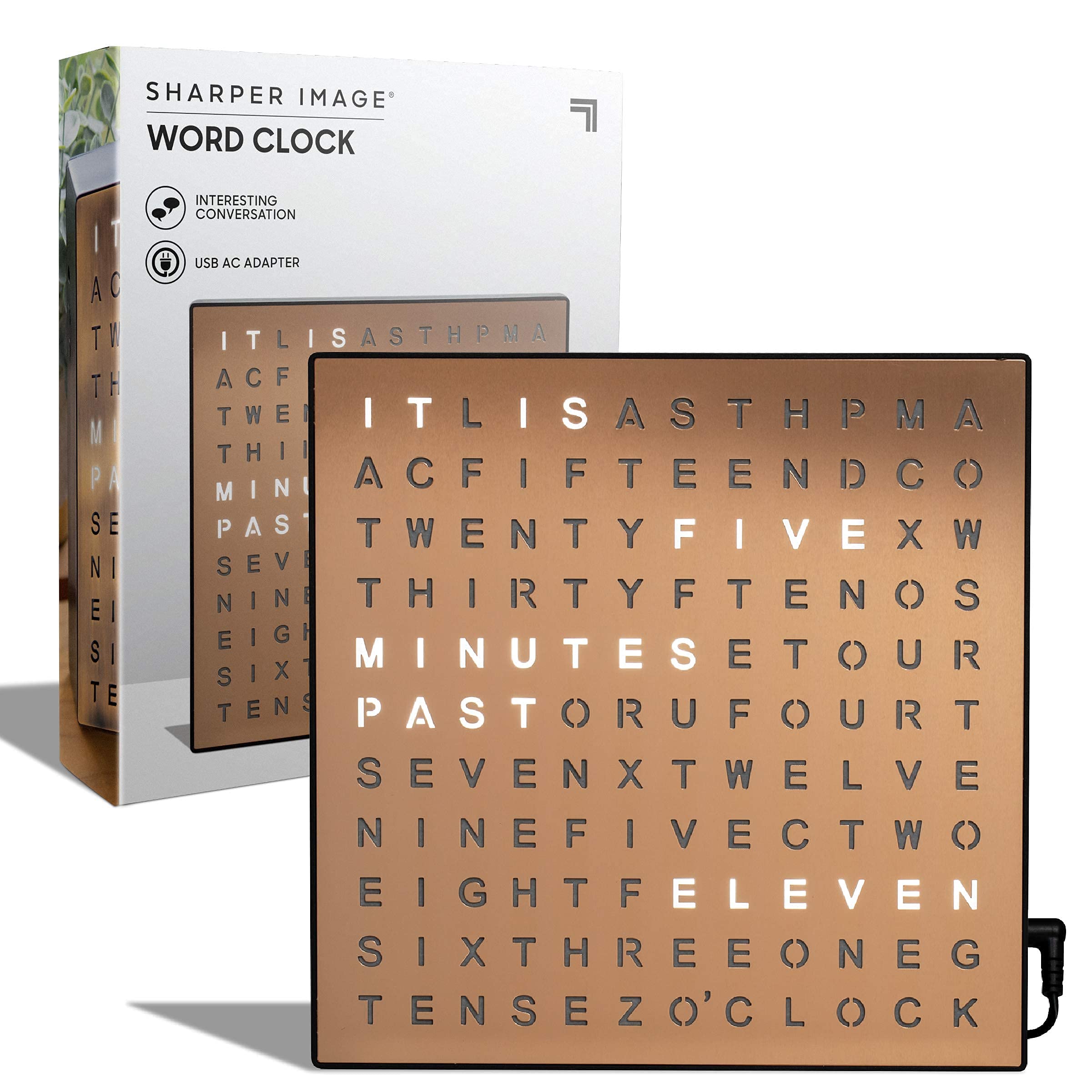 Sharper Image LED Light-Up Word Clock, 7.75 Modern Design, Electronic Accent Wall or Desk Clock, USB Cord & Power Adapter, Uniqu