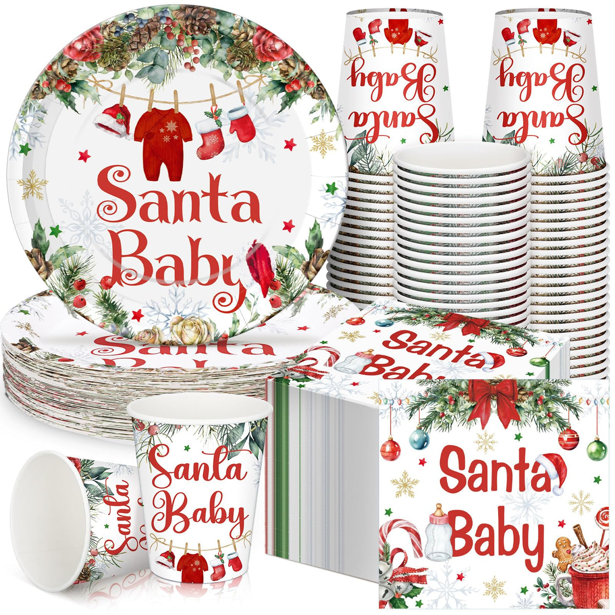Hushee 200 Pcs Baby Shower Paper Plates Cups Napkins Party Supplies Tableware Set Disposable Cup Napkin for 50 Guest Party Decor