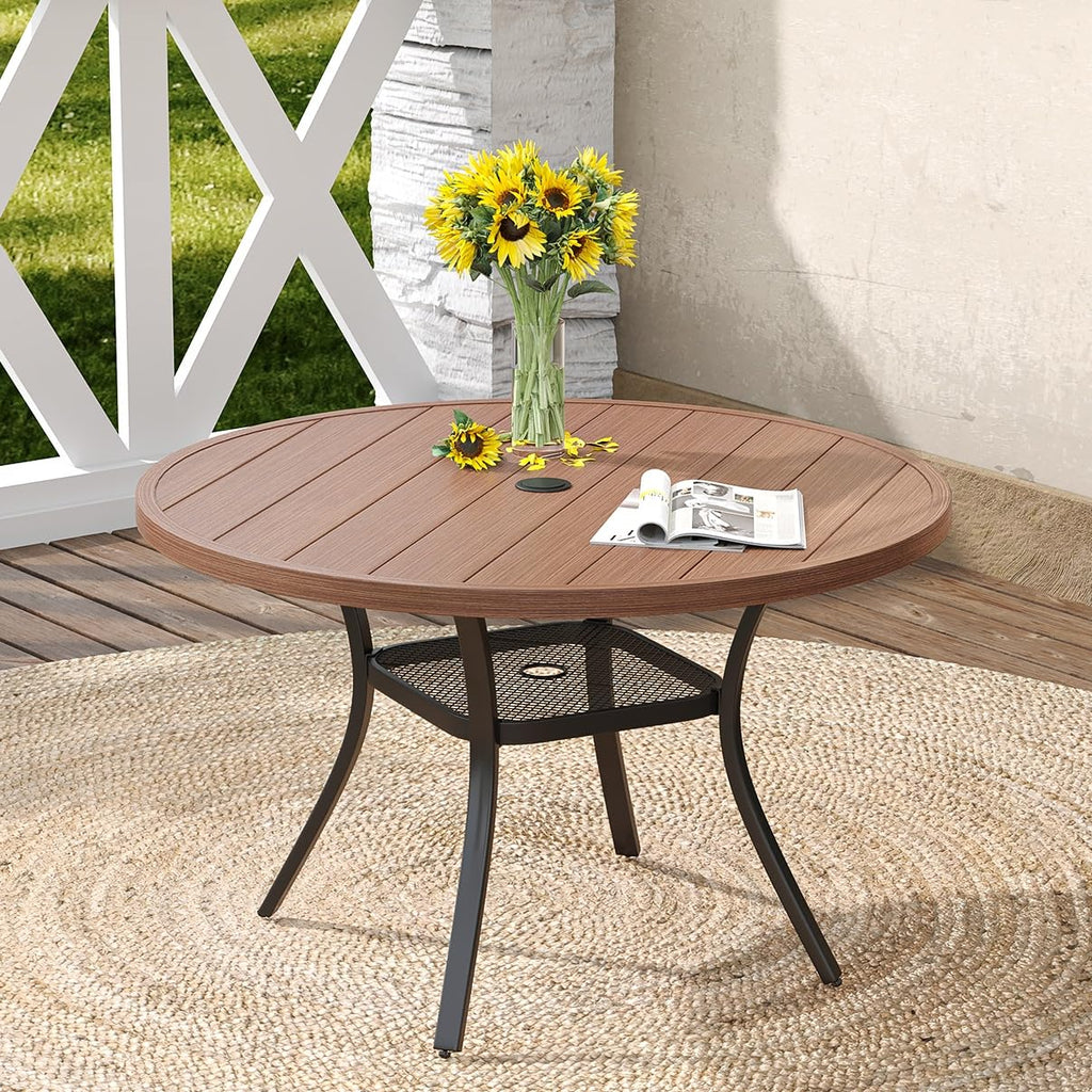 Vicllax 48' Outdoor Round Patio Table For Lawn Garden, All Weather Metal Black Round Outdoor Dining Table With Adjustable Umbrella Hole, 6 Person Patio Table, Walnut Wood-Like Tabletop