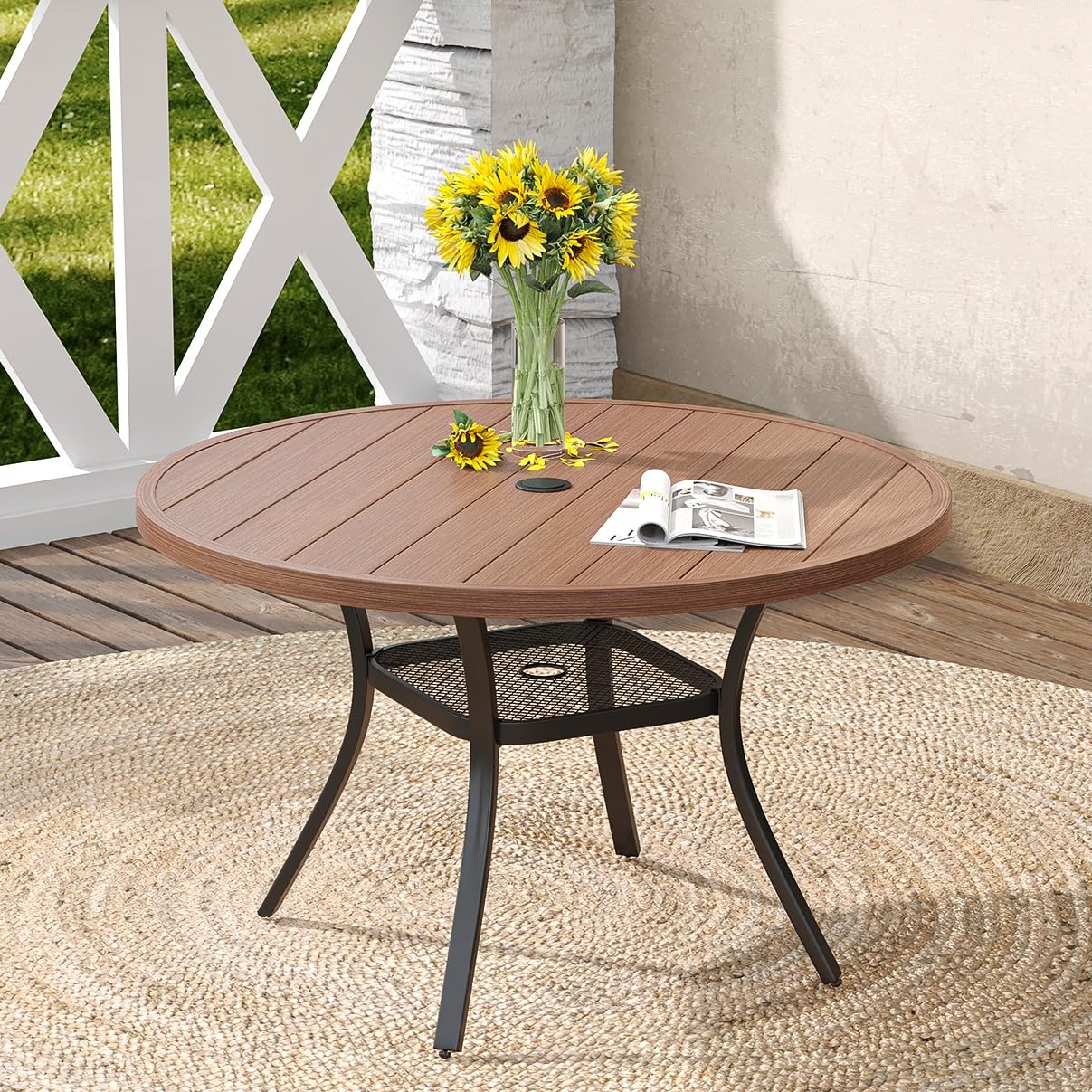 Vicllax 48' Outdoor Round Patio Table For Lawn Garden, All Weather Metal Black Round Outdoor Dining Table With Adjustable Umbrella Hole, 6 Person Patio Table, Walnut Wood-Like Tabletop