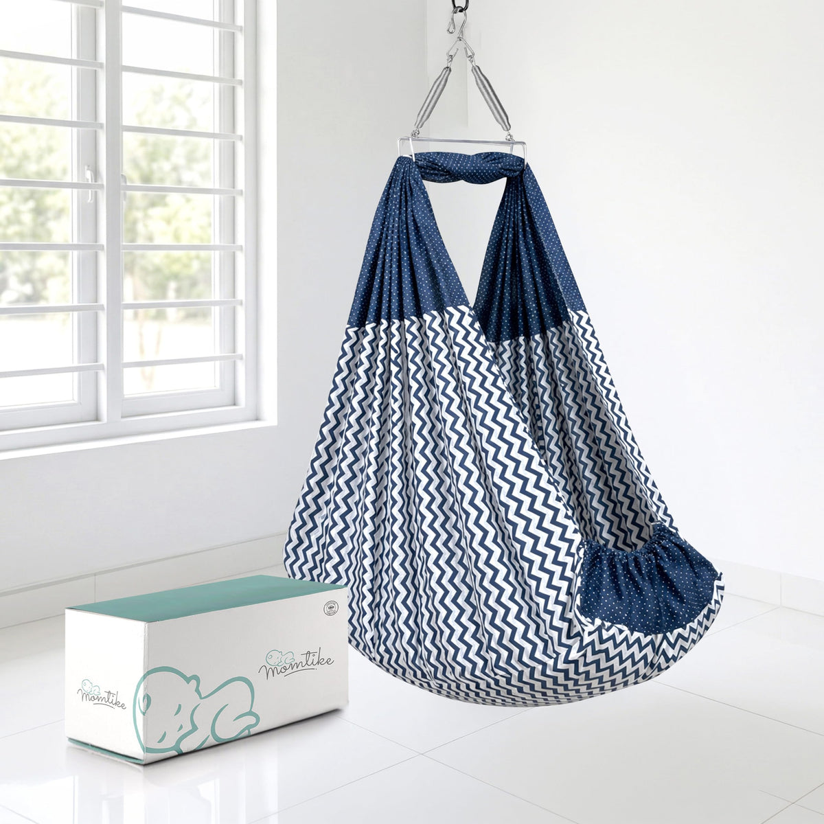 Momtike Baby Cradle Swing for Newborns | Cotton Fabric Filled with Recron Fibre | Hanger Spring, Mosquito Net & Mattress with In