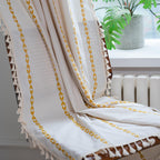 Sutuo Home Boho Curtains For Living Room Bedroom, Semi Blackout Farmhouse Vintage Shabby Chic Tassels Window Treatment Bohemian Embroidery Drape, Rod Pocket 1 Panel 52' W X 96' L, White And Gold