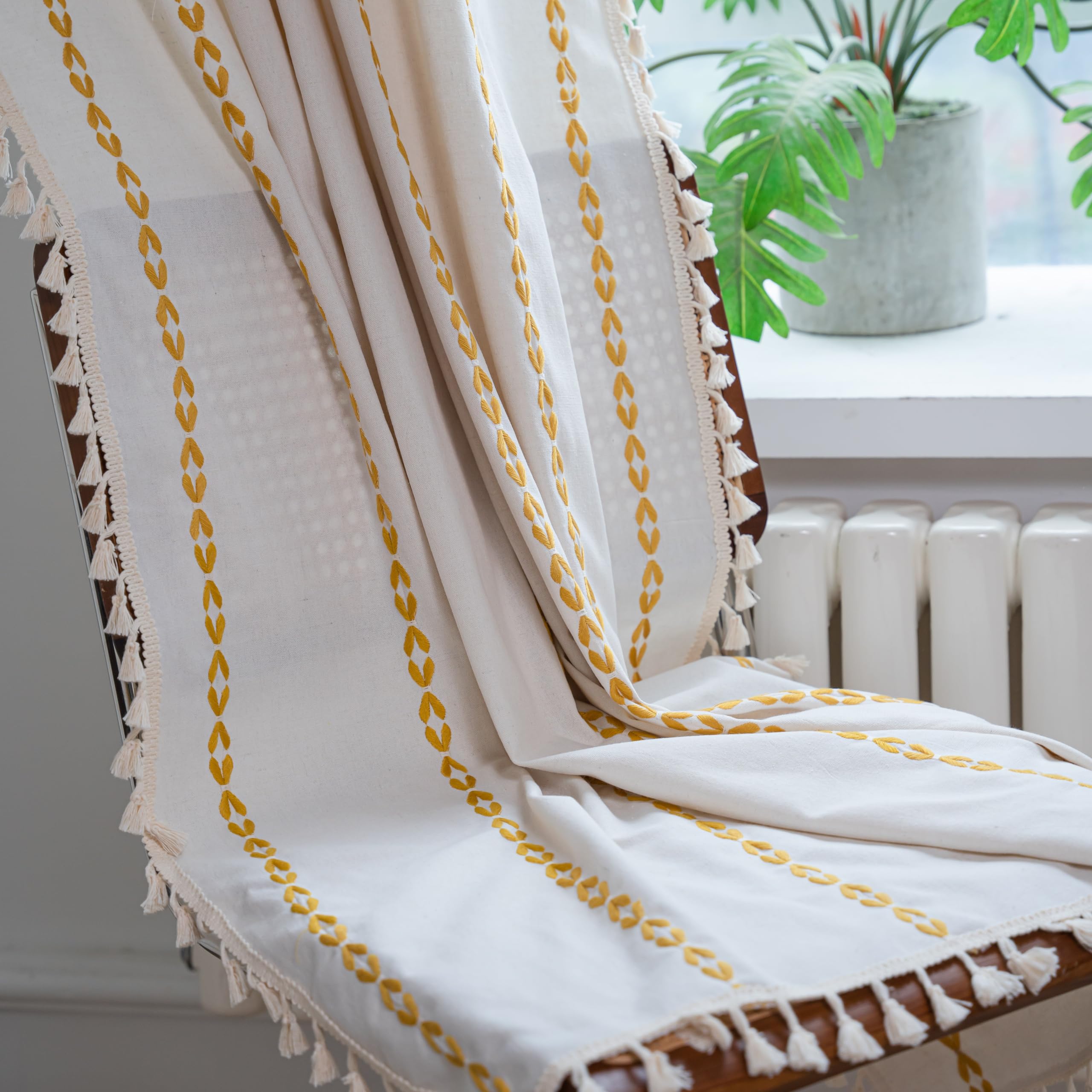 Sutuo Home Boho Curtains For Living Room Bedroom, Semi Blackout Farmhouse Vintage Shabby Chic Tassels Window Treatment Bohemian Embroidery Drape, Rod Pocket 1 Panel 52' W X 96' L, White And Gold