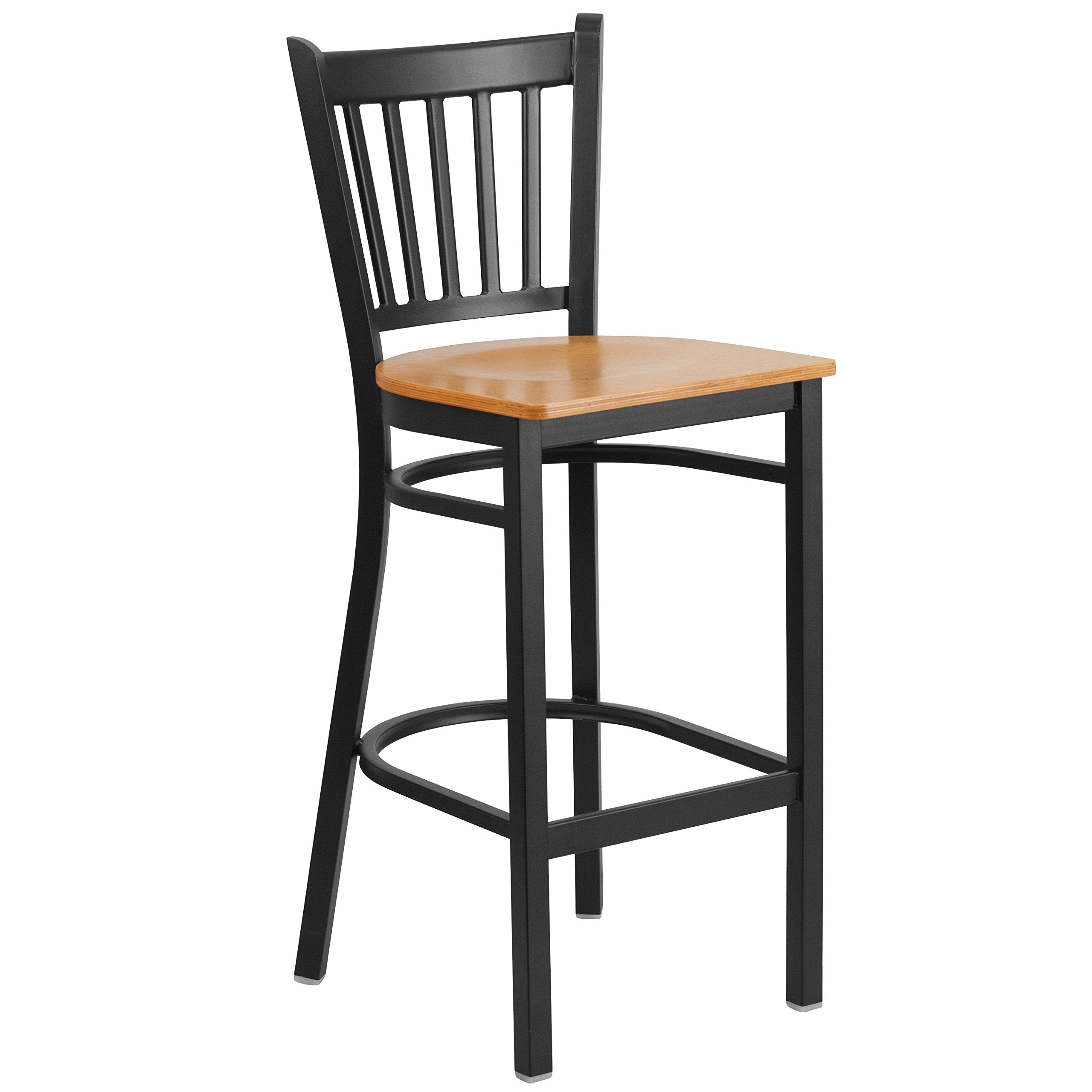 Flash Furniture HERCULES Series Black Vertical Back Metal Restaurant Barstool - Natural Wood Seat