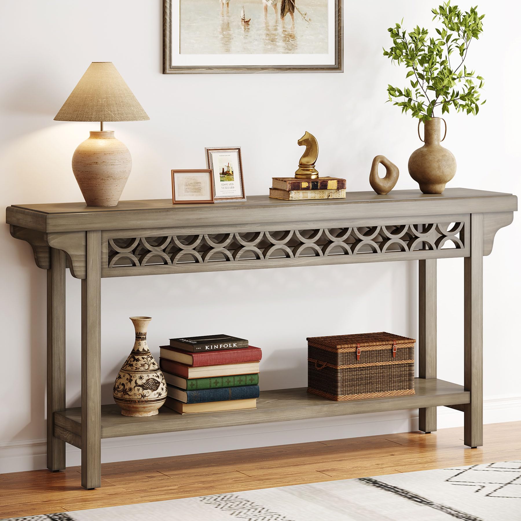 Tribesigns 70.8-Inch Solid Wood Long Console Table, Farmhouse Entryway Table with Storage, Narrow Sofa Table Grey Couch Table fo
